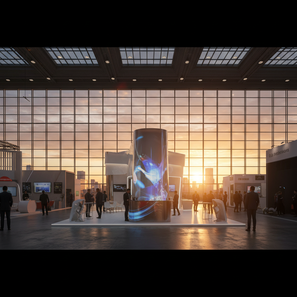 Gün batımının sıcak, dramatik ışığıyla aydınlatılmış, uzun ve ilgi çekici gölgeler oluşturan, sanatsal ve heykelsi bir fuar standı. Standın tasarımı, basit bir standdan ziyade mimari bir şaheseri andıran organik şekilleri ve katmanlı dokularıyla bir hikaye anlatıyor. Standın ana tasarım özelliklerini vurgulayan incelikli, sofistike aydınlatma elemanları. İçeride, resmi giyimli küçük bir grup ziyaretçi, stand içinde yer alan benzersiz, interaktif bir sanat enstalasyonuyla (soyut, temsili olmayan) büyülenmiş durumda, bu da marka değerlerini açıkça bir marka belirtmeden yansıtıyor. Mekan geniş ve ferah, büyük bir etkinlik alanında standın benzersiz varlığını vurgulayan hafif buğulu, atmosferik bir arka plan mevcut.