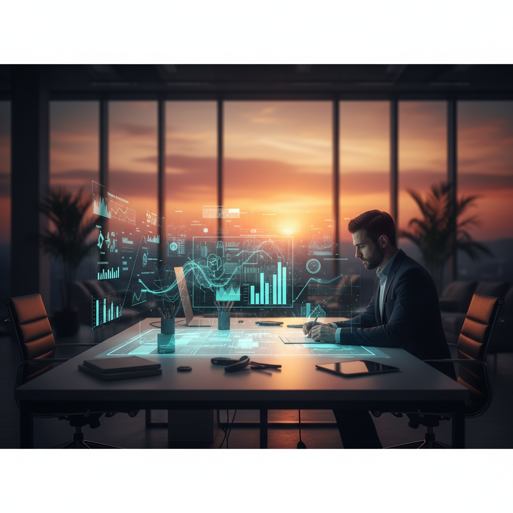 Gün batımının dramatik ışıklarının vurduğu, geniş ve minimalist bir ofis veya tasarım stüdyosu ortamında, bir proje yöneticisinin masasında, üzerine projeksiyonla yansıtılan soyut finansal verileri ve fuar standı planlarını incelediği sinematik bir sahne. Projeksiyon, karmaşık grafikler, çubuklar ve çizgiler şeklinde (sayı veya yazı içermeyen) bütçe kalemlerini ve maliyet faktörlerini (kiralama, montaj, lojistik, ekipman) sembolize ediyor. Odak noktası, bu verilerin oluşturduğu genel, anlaşılması güç ancak yönetilmesi gereken büyük resmi vurgulamak. Masa düzenli, arka plan bulanık. Renk paleti, gün batımının sıcak tonları ile teknolojinin soğuk mavi/yeşil tonlarını birleştiriyor. Resmi ve düşünceli bir atmosfer. Odak, bütçenin genel karmaşıklığını ve planlama gerekliliğini yansıtan soyut görsellere.