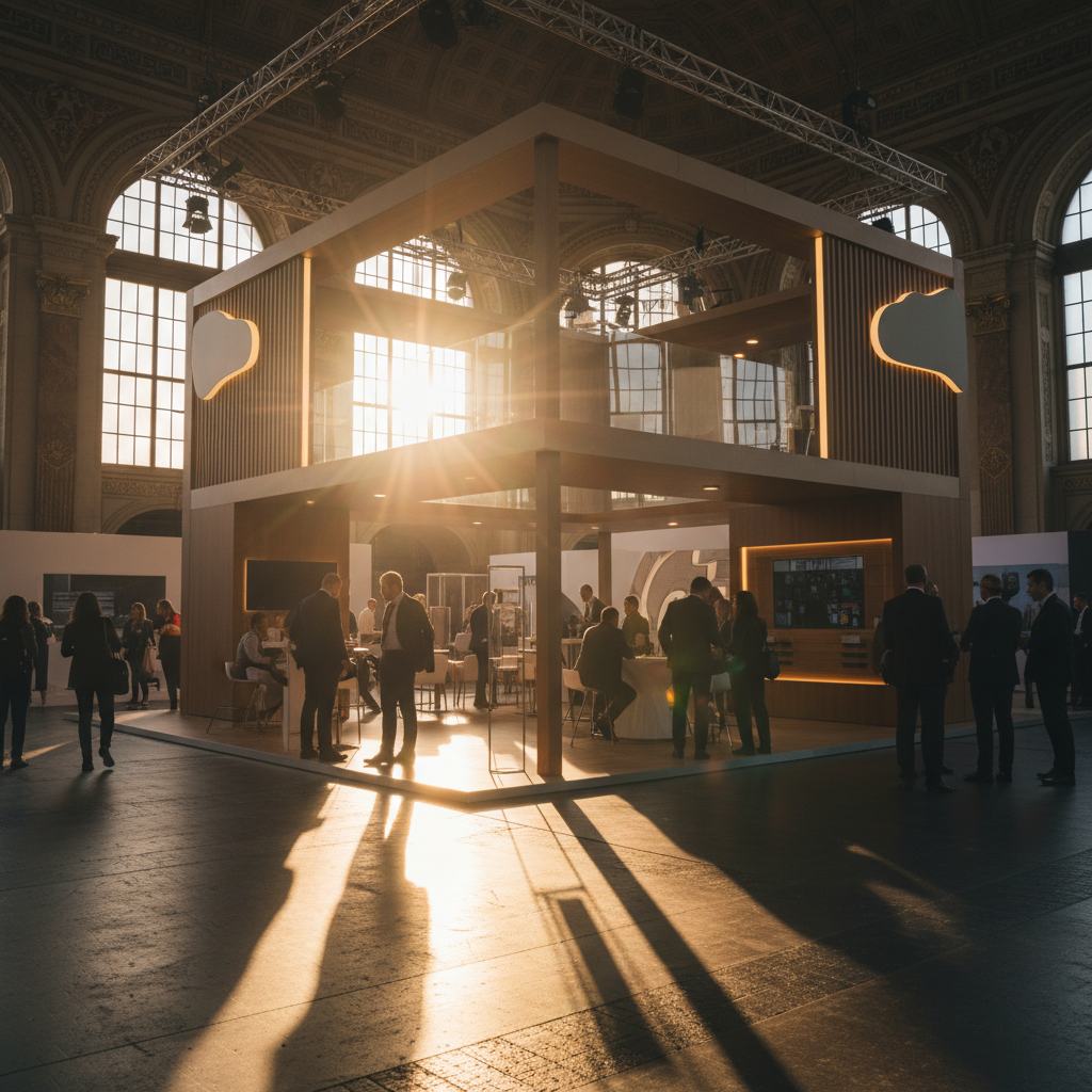 Güneş batımının altın rengi ışıklarıyla yıkanmış, iki katlı, modern ve mimari açıdan etkileyici bir fuar standının geniş açılı çekimi. Parlatılmış ahşap ve fırçalanmış metal gibi şık, sürdürülebilir malzemelerle tasarlanmış stand, büyük, soyut ışıklı marka unsurları (yazısız) ve davetkar açık alanlara sahip. Çeşitli ziyaretçi silüetleri, sergi alanlarıyla etkileşim halinde ve sohbet ederken görülüyor, yüzleri batan güneşin yumuşak ışığıyla aydınlanıyor. Güneş ufukta alçalmış, uzun, dramatik gölgeler ve fuar zemini boyunca sıcak bir parıltı yayıyor. Genel atmosfer sofistike, dinamik ve davetkar, sinematik bir kaliteye sahip. Batan güneşten gelen hafif lens parlaması. Çevredeki salon için Avrupa tipi mimari detaylar.