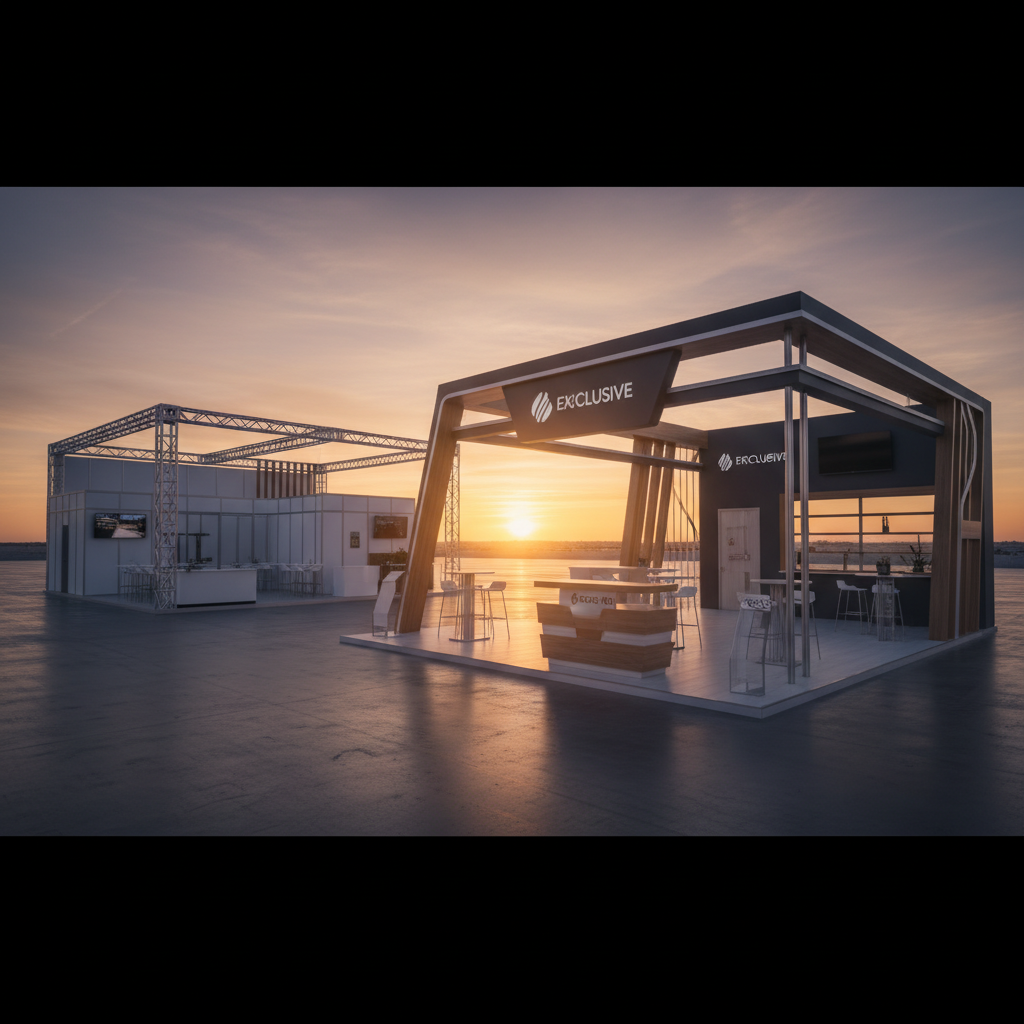 Güneş batımının altın rengi ışıklarıyla aydınlanmış, modern bir fuar alanında yer alan, iki farklı stand tipini gösteren geniş açılı, sinematik bir görüntü. Ön planda, zarif, çok katmanlı ahşap ve cam detaylara sahip, sofistike, özel tasarım bir fuar standı yükseliyor. Standın hatları dinamik, modern mimariye uygun. Arka planda ise, daha sade, modüler alüminyum profillerden oluşmuş, ancak yine de şık ve fonksiyonel başka bir stand tipi görülüyor. İki stand arasındaki kontrast, tasarım ve maliyet arasındaki dengeyi sembolize ediyor. Alan, temiz hatlara sahip, minimal ve profesyonel bir atmosfer yaratıyor, ancak kalabalık veya ürün detayları gösterilmiyor. Ufukta batan güneşin turuncu ve mor tonları, mekanın genel atmosferine dramatik ve düşünceli bir hava katıyor. Yüksek çözünürlüklü, resmi bir hava.