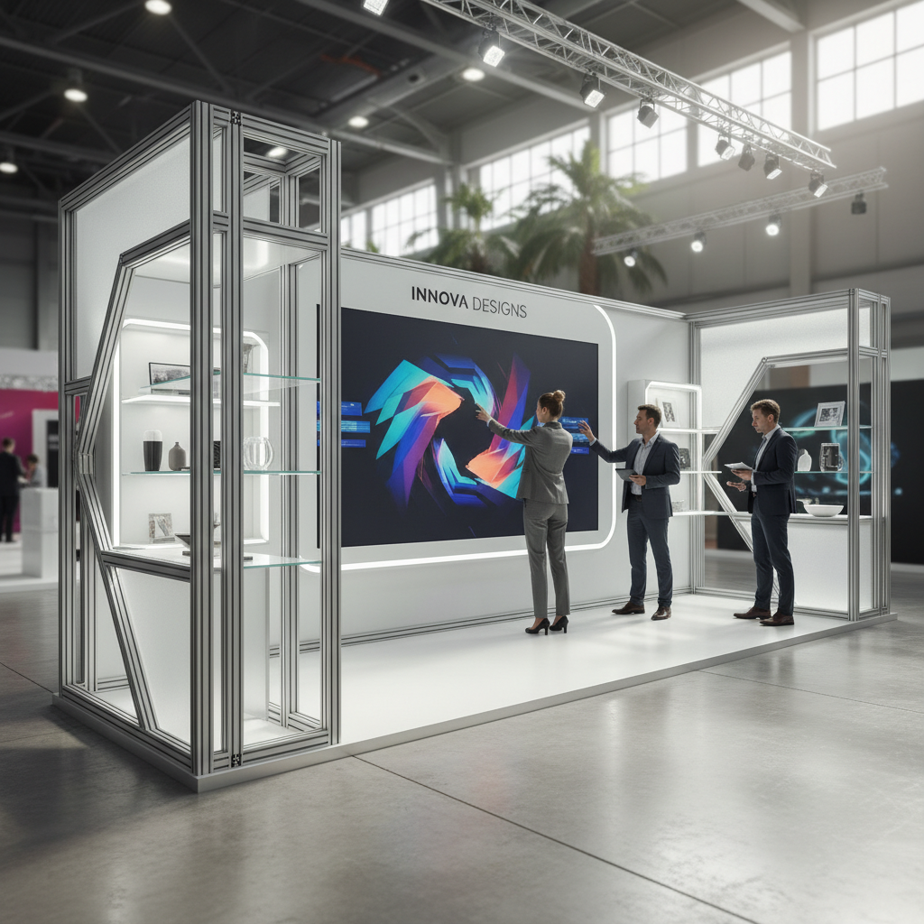 A modern, sleek ready-made exhibition stand in a brightly lit, spacious exhibition hall. The stand features clean lines, a vibrant, integrated digital display showing abstract graphics, and elegant modular shelving units. Professional-looking visitors, blurred slightly to emphasize the stand, are engaging with the display. The atmosphere is clear, open, and professional, with cinematic lighting highlighting the stand's sophisticated design and ease of interaction.