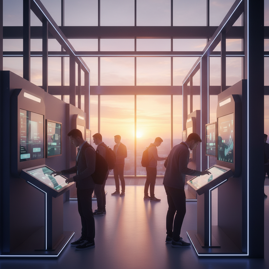 Sinematik bir gün batımı sırasında fütüristik bir fuar standının orta çekimi. Sahne, ziyaretçilerin içerikle aktif olarak etkileşimde bulunduğu interaktif dijital ekranları ve dokunmatik ekranlı kioskları vurguluyor. Ekranlar, fuar merkezinin panoramik pencerelerinden veya çatı pencerelerinden süzülen batan güneşin sıcak turuncu ve mor tonlarıyla karışan yumuşak, davetkar bir parıltı yayıyor. İnsan silüetleri, ekranlara eğilmiş, deneyime dalmış şekilde görülüyor. Stant mimarisine entegre edilmiş dinamik, ince LED şerit aydınlatma, sofistike bir ambiyans yaratıyor. Odak noktası, teknolojiyle insan etkileşimi, enerjik ama zarif bir atmosfer oluşturuyor. Havada hafif, doğal bir pus, gün batımı etkisini güçlendiriyor.