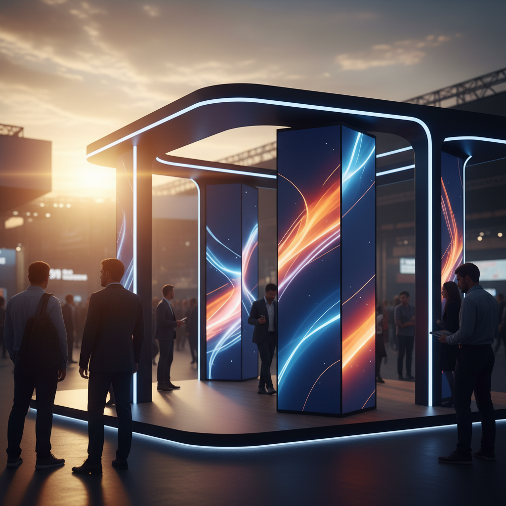 Bir fuar alanında, modern ve zarif tasarımlı, yaratıcı bir standın sinematik gün batımı ışığında, sıcak altın rengi tonlarla parıldayan görüntüsü. Stand, marka renklerini yansıtan (ancak belirli bir marka logosu olmayan) entegre ortam LED aydınlatmalarıyla minimalist bir mimariye sahip. Standın etrafında etkileşim halinde olan çeşitli ziyaretçilerin silüetleri, yüzleri yumuşakça aydınlatılmış, ilgi çekici ve keşif dolu bir atmosfer yaratıyor. Standın yapısına zarifçe entegre edilmiş büyük, akıcı, soyut ve dinamik desenler gösteren interaktif ekranlar (metin içermeyen). Batan güneşten gelen hafif bir lens parlamasıyla sahne sofistike, dinamik ve potansiyelle dolu. Arka plan, standın öne çıkmasını vurgulayarak, hareketli bir etkinlik salonunun yumuşak bir bulanıklığıyla çevrili.