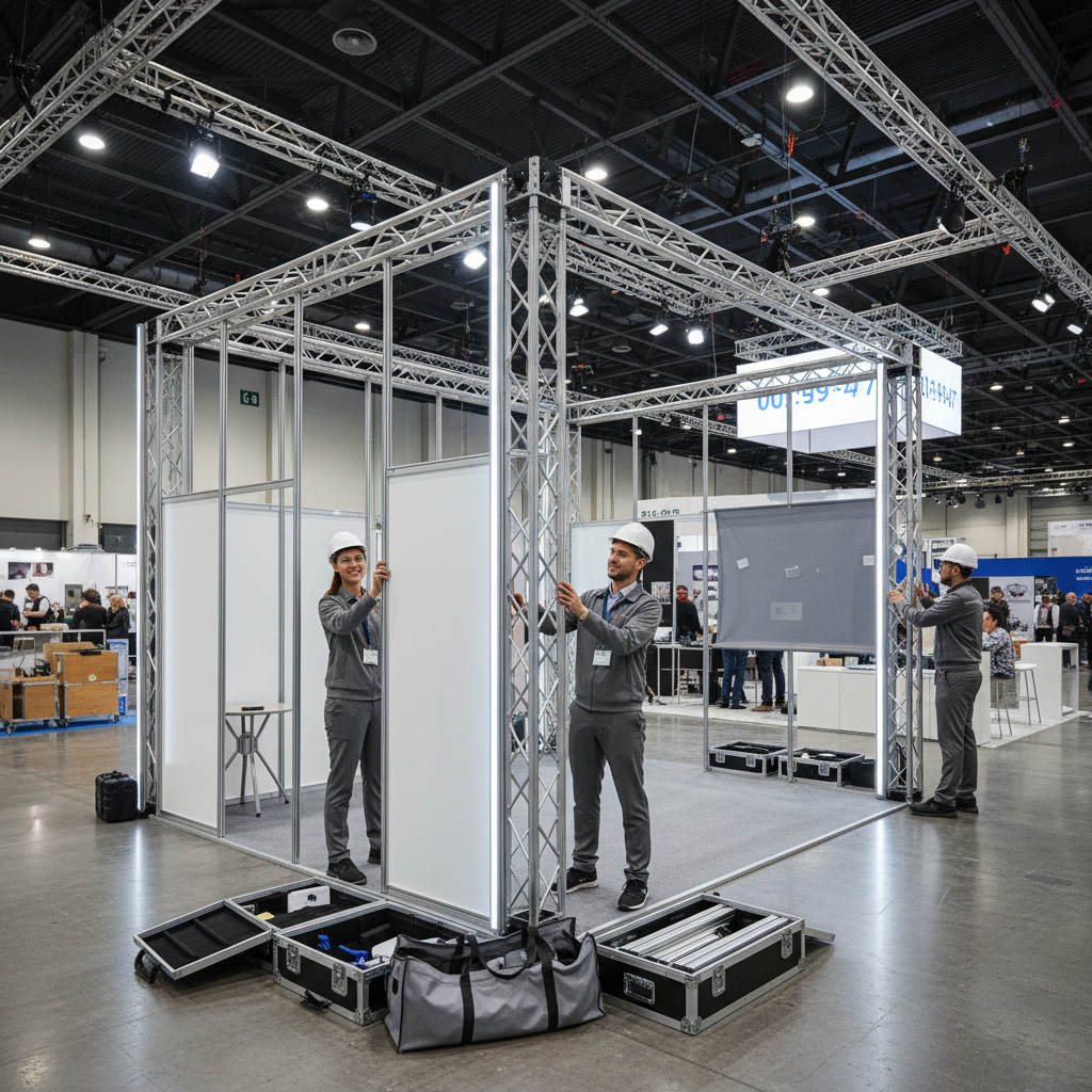 A dynamic, cinematic shot illustrating the modularity and quick assembly of a ready-made exhibition stand. The stand is in various stages of assembly, with interlocking, lightweight panels and framework clearly visible, suggesting effortless construction. The setting is a professional, well-lit exhibition area, emphasizing speed and efficiency. The lighting is bright and clear, highlighting the precise engineering and reusable nature of the components in a spacious atmosphere.