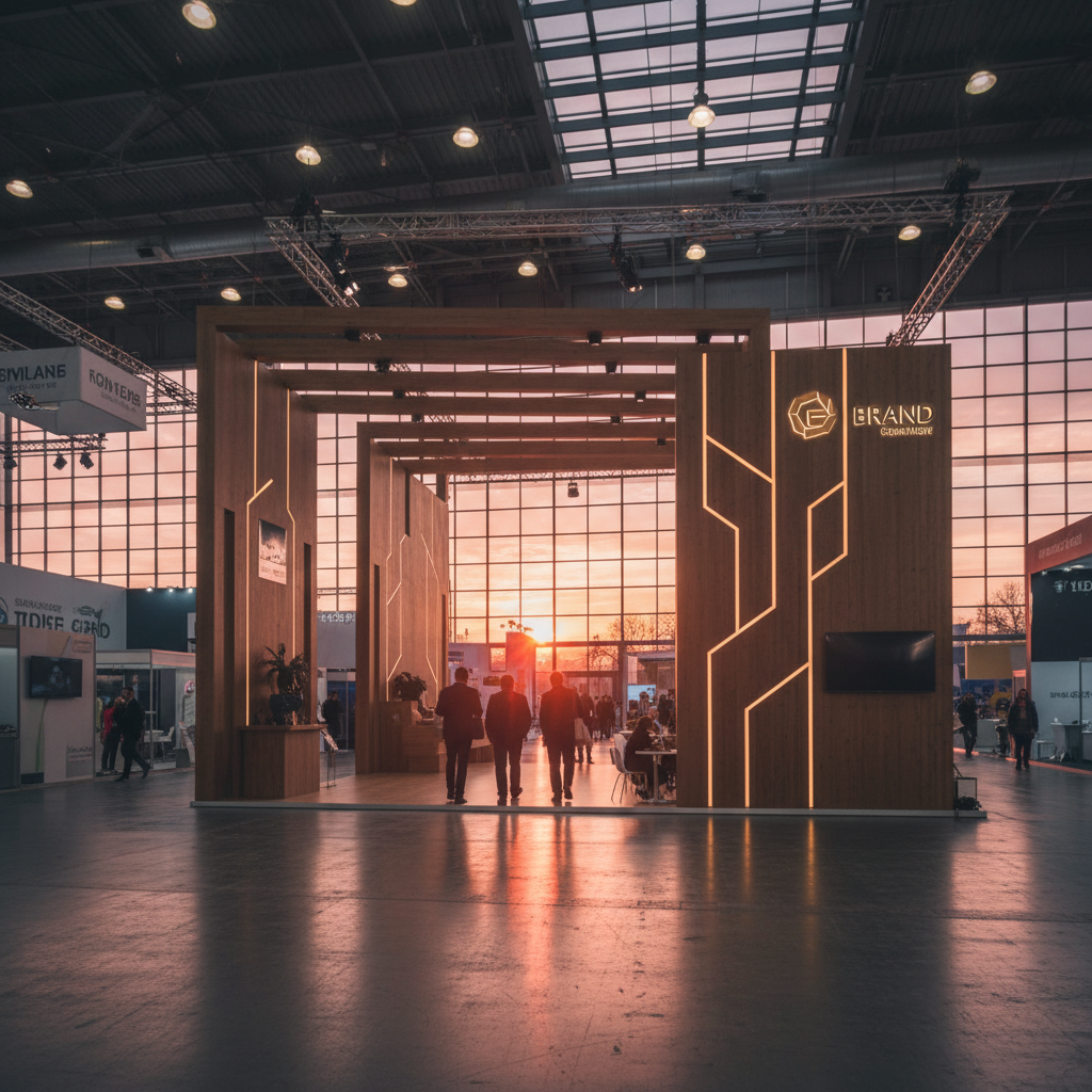 Kalabalık bir uluslararası fuar salonunda, herkesin dikkatini çeken, prestijli ve özel tasarım bir ahşap fuar standı. Stand, yüksek tavanlı bir mimariye ve sofistike, temiz hatlara sahip. Ahşap paneller, geometrik desenlerle ve ustaca yerleştirilmiş gömme aydınlatma elemanlarıyla vurgulanmış. Uzaktan çekilen geniş açılı bir görüntü, standın çevresindeki diğer alanlardan nasıl ayrıştığını ve bir odak noktası oluşturduğunu gösteriyor. Ufukta batan güneşin son kızıl ışıkları, salonun büyük cam tavanlarından veya pencerelerinden içeri sızarak, standın ahşap yüzeylerinde sıcak, sinematik yansımalar yaratıyor. Siluet halindeki birkaç ziyaretçi standa doğru ilerleyerek, markanın prestijli imajını ve kalıcı izlenimini vurguluyor.