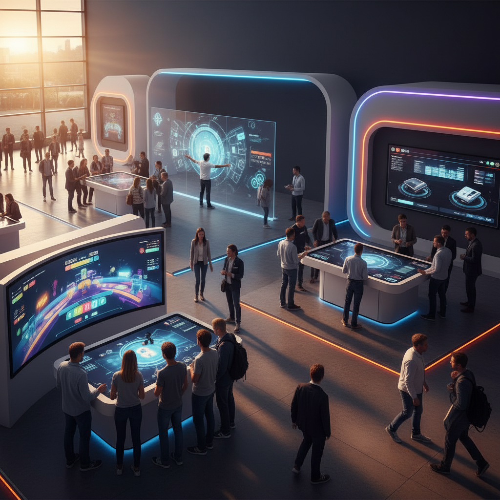 A professional, well-dressed visitor is deeply immersed in a virtual reality experience within a high-tech interactive stand. They are wearing sleek VR goggles, their hands slightly raised as if interacting with a virtual object. The stand itself features glowing LED strips, a smooth, curved design, and subtle holographic elements. The scene is illuminated by the rich, dramatic hues of a cinematic sunset filtering through large, stylized windows, casting long shadows and highlighting the sense of innovation and immersive technology. The background is blurred, focusing solely on the user's engagement.