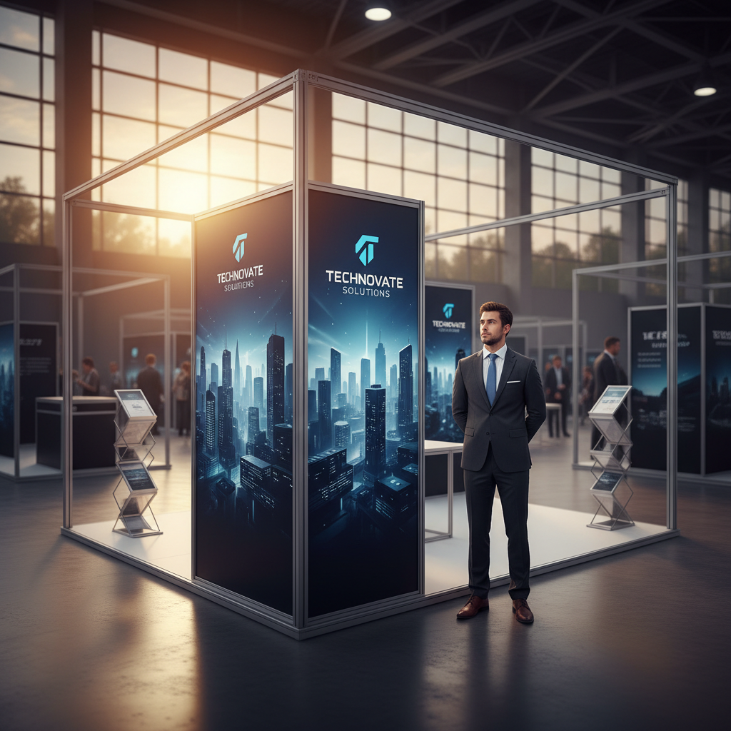 Geniş ve modern bir etkinlik veya fuar salonunda, gün batımının sıcak, altın rengi ışınlarının içeri süzüldüğü sinematik bir atmosfer. Sahnenin merkezinde, yüksek teknolojiye sahip, minimal ve şık tasarımlı, hızla kurulabilen bir stand yer alıyor. Standın modüler alüminyum profil detayları belirgin, yüzeyindeki yüksek çözünürlüklü kumaş grafikler net ve canlı. Standın son dokunuşları yapılırken veya tamamen kurulmuş halde, standın profesyonel ve etkileyici görünümünü gururla inceleyen, zarif giyimli bir profesyonel figür. Odak ana stand üzerinde olup, arka plan hafifçe bulanıklaşarak sahneye derinlik katıyor. Geniş açılı bir lens ile çekilmiş, dramatik ve resmi bir tarzda.