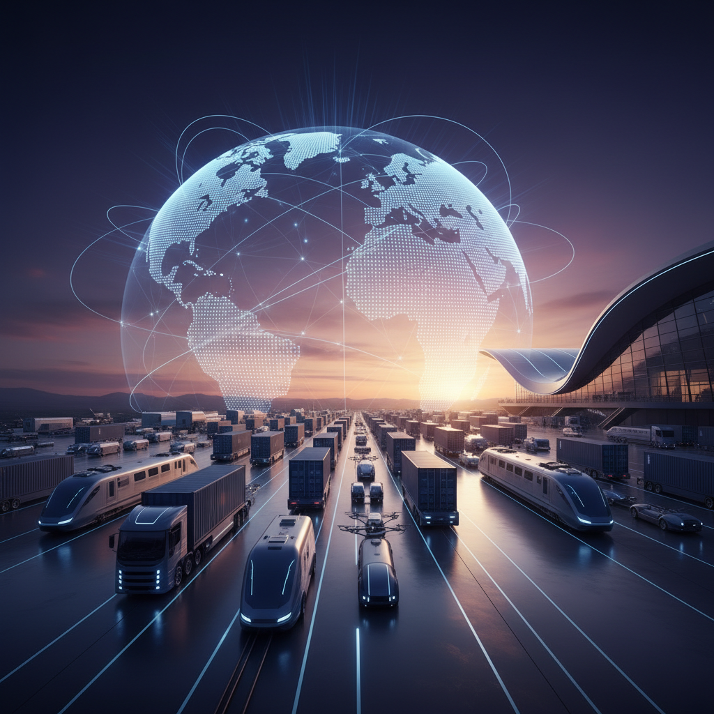 An artistic and dynamic depiction of complex global fair logistics. A stylized globe subtly integrated into the background, with faint lines representing international shipping routes. In the foreground, meticulously organized sleek transport vehicles and shipping containers are moving efficiently towards a futuristic exhibition center, silhouetted against a dramatic cinematic sunset sky with vibrant orange and purple tones. The image conveys seamless coordination, precision, and the smooth execution of international operations, reflecting expert handling of challenges. Official and high-quality photography, no text, numbers, or prices.