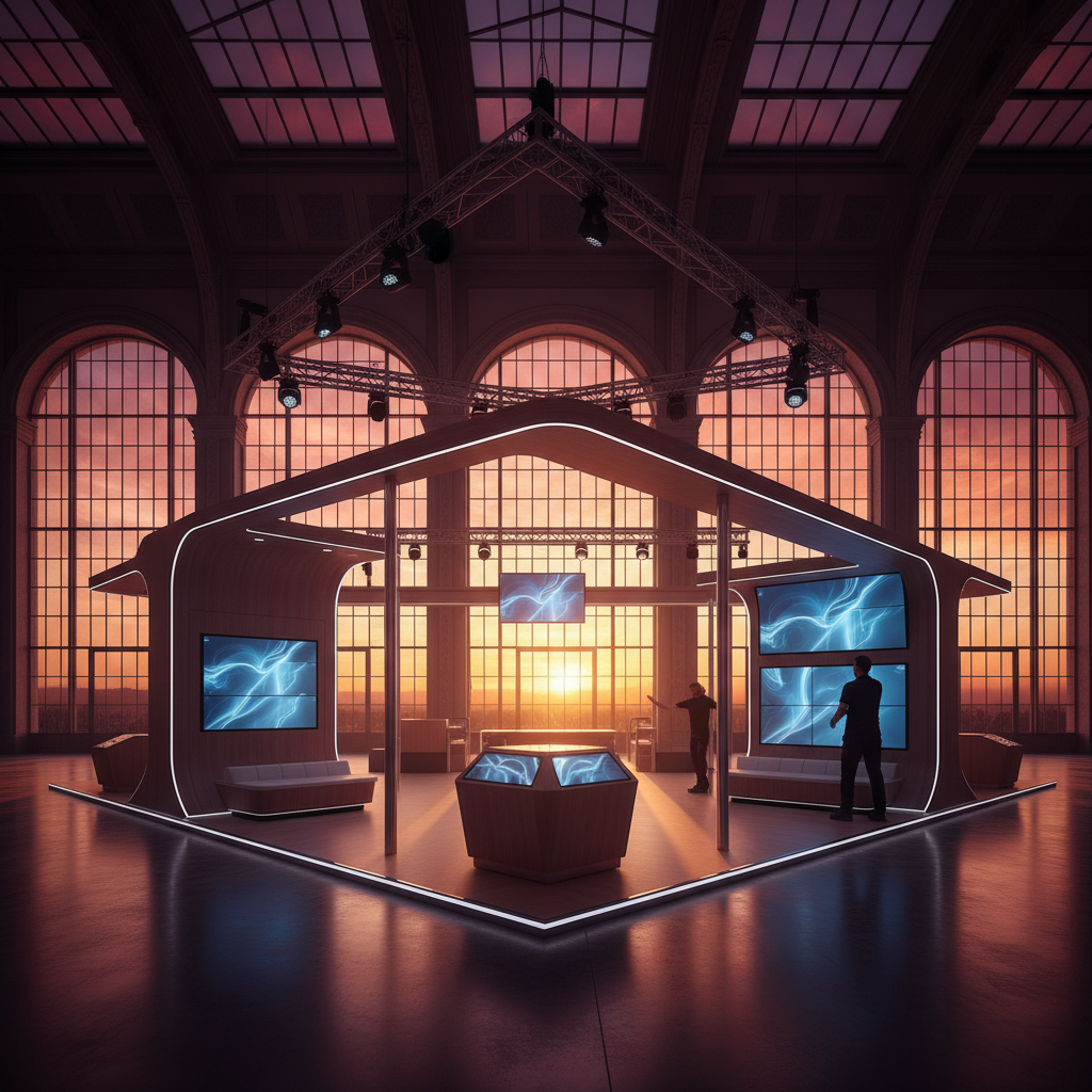 A dramatic, low-angle cinematic shot at dusk, inside a bustling, high-tech manufacturing workshop. Sparks fly subtly from a precision CNC machine expertly shaping large wooden panels for an exhibition stand in the mid-ground. In the foreground, a skilled craftsman meticulously inspects a finished, intricate metal component, illuminated by a warm, focused light source. Through a distant, large industrial window, the muted, deep orange glow of a setting sun casts long shadows, emphasizing the industrious atmosphere and the meticulous attention to detail in the creation process. No text or numbers visible. Formal and powerful.