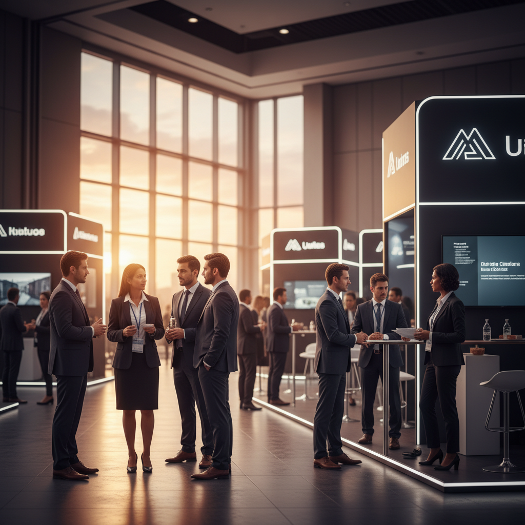 Geniş, modern bir fuar salonunun iç mekanında, batan güneşin sıcak, altın rengi ışıkları büyük pencerelerden içeri süzülüyor. Çeşitli arka planlardan gelen, resmi giyimli iş profesyonelleri, zarif, minimalist fuar standlarının etrafında canlı ve ciddi tartışmalar yapıyor. Standlar, soyut, parıldayan kurumsal logoları (belirli bir firma adı yok) ve ince, fütüristik tasarım öğelerini barındırıyor. Genel atmosfer, enerjik ağ oluşturma, stratejik ortaklıklar kurma ve küresel işbirliği hissi veriyor. Sahne sinematik bir görünüme sahip, sığ bir alan derinliği etkileşimlere odaklanırken, arka plan uluslararası etkinliğin genişliğini ima ediyor. Yumuşak, dağınık aydınlatma, katılımcıların resmi kıyafetlerini ve kendinden emin duruşlarını vurguluyor. Akşam gün batımı renkleri, profesyonel bir atmosferde, global ticaretin dinamizmini yansıtıyor.