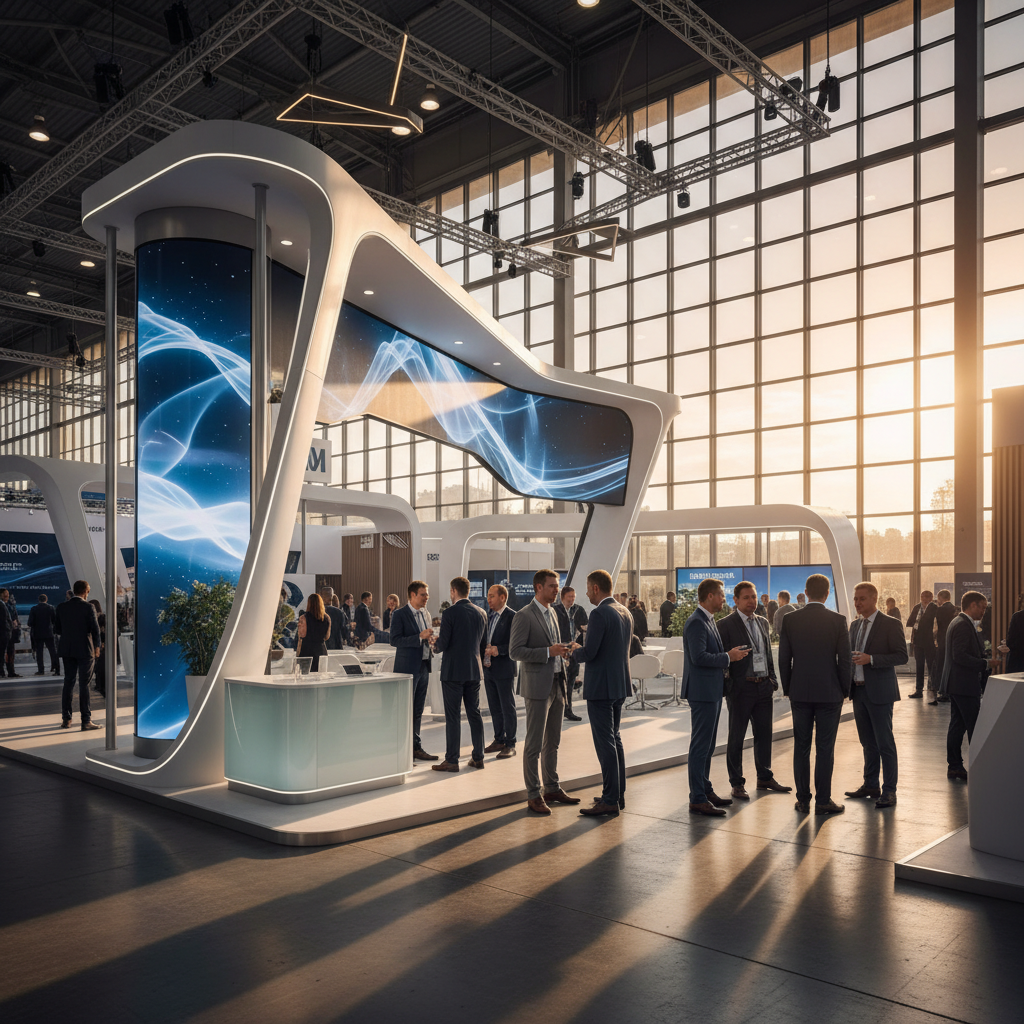 A sprawling, modern international exhibition hall at a global trade fair. In the foreground, a strikingly elegant and architecturally innovative exhibition stand with sleek lines and integrated high-tech displays, illuminated by the warm, golden hues of a cinematic sunset streaming through vast glass panels. Diverse, professionally dressed attendees are engaging in focused discussions, symbolizing successful global networking and brand impact. The overall scene exudes professionalism, sophistication, and international collaboration. Official and high-quality photography, no text, numbers, or prices.