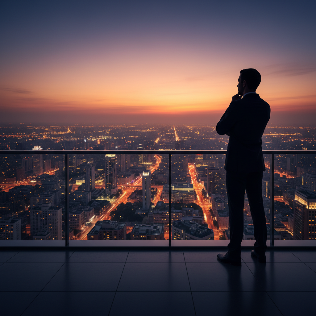 Resmi giyimli, kendine güvenli bir iş lideri, gün batımında canlı, modern bir global şehir silüetinin nefes kesen panoramik manzarasına karşı silüeti belirgin bir şekilde duruyor. Şehir manzarası sayısız ışıkla aydınlanmış, ekonomik aktiviteyi ve sınırsız fırsatları çağrıştırıyor. Lider, belki bir gökdelenin veya modern bir kongre merkezinin balkonunda yüksek bir noktada duruyor, ufka doğru düşünceli bir şekilde bakıyor; bu duruş, küresel pazar penetrasyonu için stratejik planlamayı ve gelecek vizyonunu sembolize ediyor. Gökyüzü zengin, sinematik gün batımı renkleriyle dolu – derin turuncular, morlar ve maviler – dramatik gölgeler ve vurgular oluşturuyor. Kompozisyon, hırs, büyüme ve küresel varlığın stratejik önemini güçlü bir şekilde iletiyor.