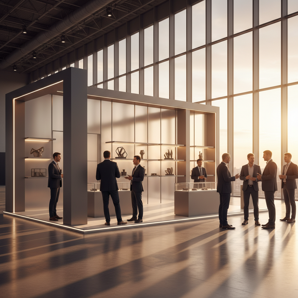 A modern, elegantly designed exhibition stand within a spacious convention center, bathed in the dramatic, warm glow of a cinematic sunset filtering through vast glass windows. The stand features clean lines, sophisticated lighting, and a minimalist aesthetic. Silhouetted figures of diverse business professionals are seen interacting gracefully within the stand area, their forms softened by the golden hour light, suggesting a vibrant yet professional networking environment. The overall scene conveys innovation, engagement, and a high-end corporate presence, emphasizing visual appeal without any specific branding or text.