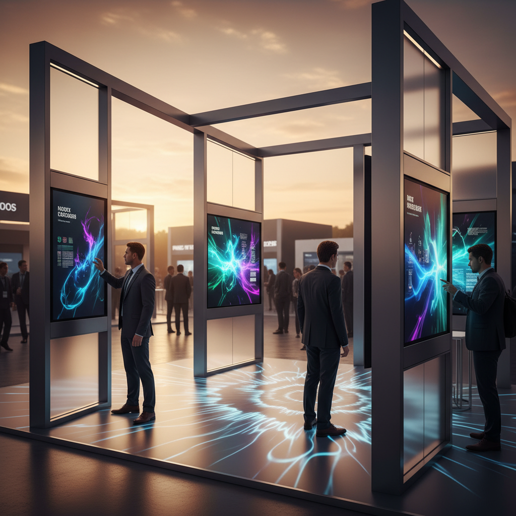 A cutting-edge, minimalist interactive trade show booth bathed in the warm, golden light of a cinematic sunset. Visitors are subtly engaged with large, vibrant touchscreens displaying dynamic graphics and information, while soft, interactive floor projections respond to their movements. The overall atmosphere is sophisticated, futuristic, and inviting, emphasizing technological integration and fluid visitor interaction. The stand architecture features clean lines, diffused backlighting, and a sense of depth, with silhouettes of other distant stands fading into the background.