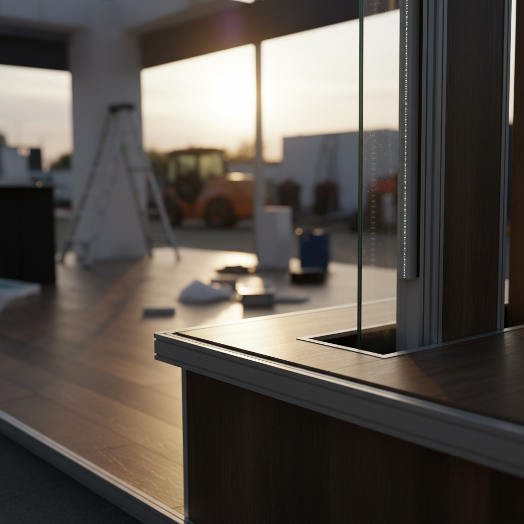 Etkinliğin başlamasına saniyeler kala, tamamen monte edilmiş, görkemli bir fuar standının etkileyici, sinematik görüntüsü. Stand, çağdaş tasarımı, temiz çizgileri ve sofistike aydınlatma detaylarıyla dikkat çekiyor. Büyük pencerelerden süzülen gün batımının turuncu ve mor tonlarındaki ışıkları, standın yüzeylerinde parlayarak derinlik ve zenginlik katıyor. Ortam, hafif bir sisle birlikte mistik ve davetkar bir his uyandırıyor, ziyaretçileri bekleyen prestijli bir yapı izlenimi veriyor. Formal ve estetik bir kompozisyon.