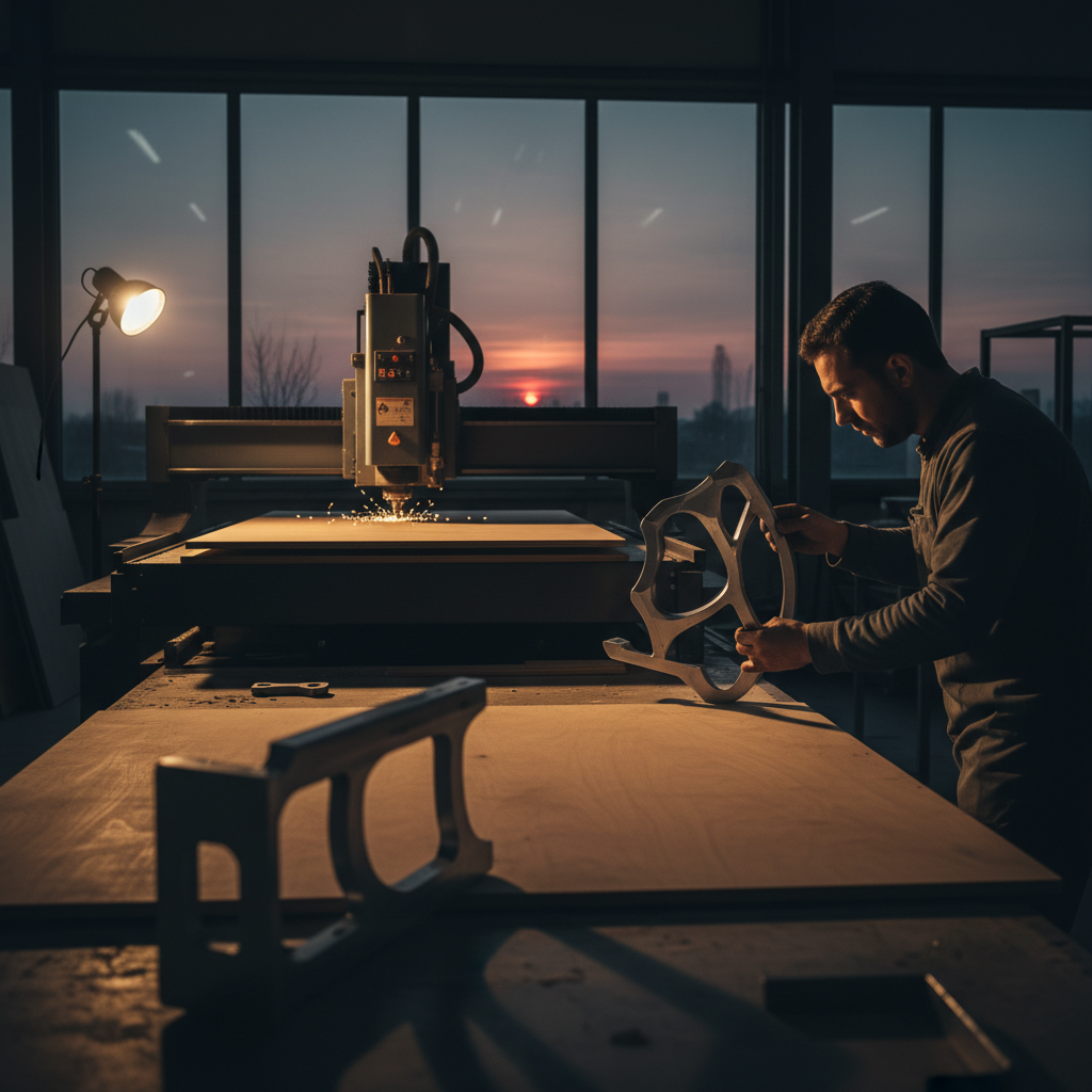 A sophisticated, high-angle cinematic shot at sunset, showing a modern architectural design studio. The foreground features a designer intently working on a holographic 3D projection of an elaborate exhibition stand design, with technical drawings and material samples subtly arranged around. In the background, through large windows, the warm, golden light of a setting sun bathes the silhouettes of a futuristic cityscape, hinting at the vast potential of exhibition spaces. The mood is one of focused creativity and forward-thinking innovation, without any visible text or numbers. Formal and intriguing.