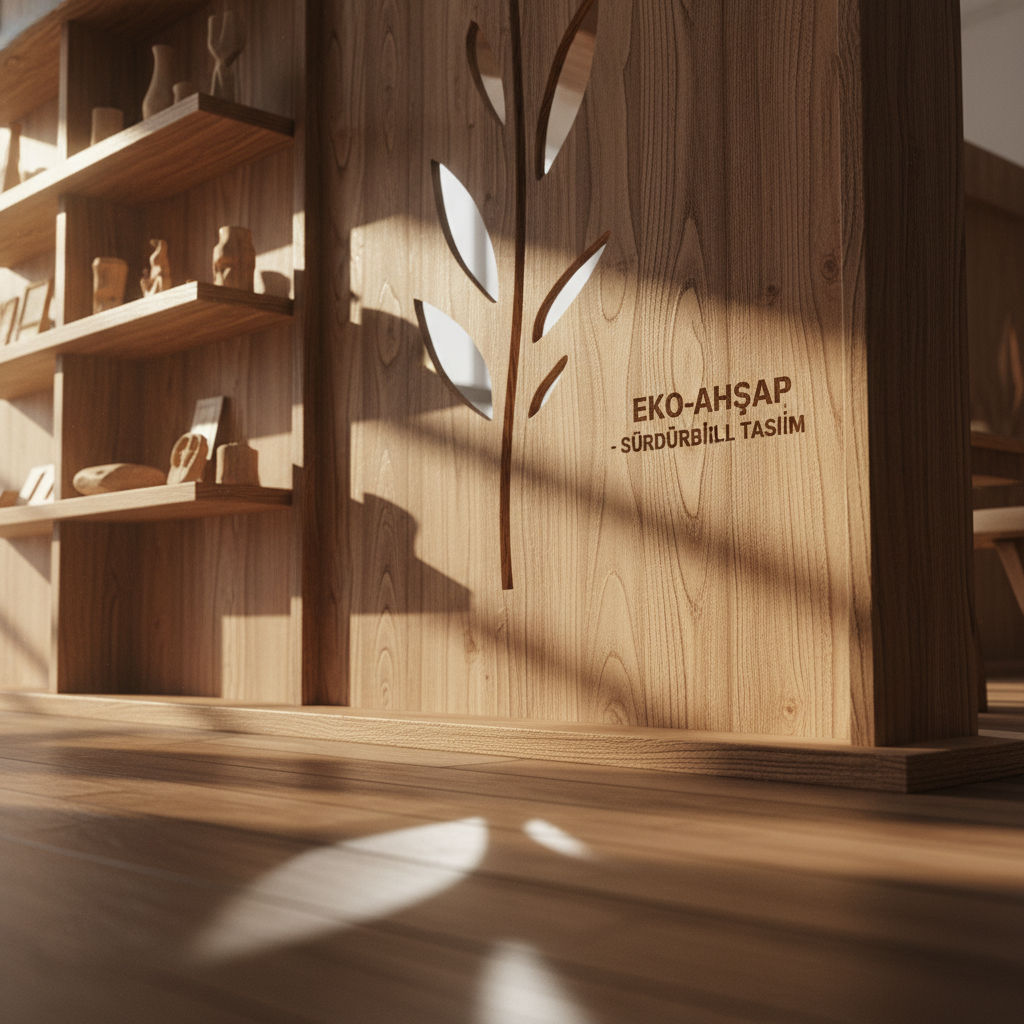 Sürdürülebilir kaynaklardan elde edilmiş ahşabın doğal damarlarını ve zengin dokusunu vurgulayan, özel tasarım bir ahşap fuar standının yakın plan, sinematik bir detayı. Batan güneşin dramatik, sıcak ışıkları, ahşap üzerindeki gölgeleri ve detayları keskinleştirerek malzemenin dayanıklılığını ve el işçiliğini ön plana çıkarıyor. Sanatsal bir perspektifle, çevre dostu ve kaliteli üretimi vurgulayan formal bir görüntü.