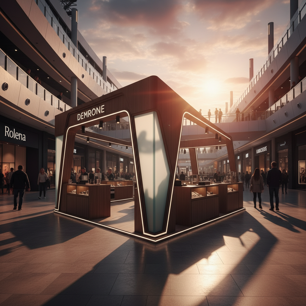 AVM'nin geniş ve lüks bir atriyumunda, batan güneşin dramatik kızıl ve altın rengi ışıklarının vurduğu, dikkat çekici, mimari bir AVM kioskunun sinematik, geniş açılı bir görüntüsü. Kiosk, kendine özgü formu ve malzeme kalitesiyle adeta bir heykel gibi yükseliyor. Yüksek kaliteli ahşap kaplamalar, parlak metal detaylar ve mat cam paneller bir arada kullanılmış. Gün batımının keskin ışınları, kioskun belirgin hatlarını vurgulayarak uzun, dinamik gölgeler yaratıyor. Uzaktan bakıldığında bile markanın sofistike kimliğini yansıtan genel bir renk paleti ve form dili mevcut (belirgin bir logo olmadan). Etrafta, AVM'nin modern mimarisi, mağazaların ışıltıları ve siluet halinde yürüyen insanların oluşturduğu bir hareketlilik var. Kiosk, bu kalabalık içinde bir odak noktası olarak öne çıkıyor, stratejik bir varlık ve cazibe merkezi hissi veriyor. Geniş açılı kompozisyon, güçlü perspektif, dramatik aydınlatma, mimari detaylara odaklanma.