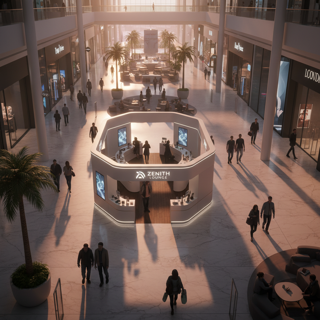 AVM'nin genel atmosferine stratejik olarak entegre edilmiş, bütüncül bir AVM kioskunun kuşbakışı veya yüksek açılı, sinematik görüntüsü. Kiosk, geniş bir alışveriş merkezinin ana yaya yolunda, çevresindeki mağazalar ve ortak alanlarla uyumlu ancak göz alıcı bir şekilde konumlandırılmış. Gün batımının uzun gölgeleri ve sıcak turuncu-pembe tonları, AVM'nin mermer zeminini ve cam cephelerini boyuyor. Kioskun mimarisi, markanın kimliğini yansıtan belirgin ancak minimalist bir formda. Çevresindeki insan akışı (siluetler halinde) kiosku dinamik bir merkez olarak vurguluyor. Mekansal planlama ve estetik uyumu ön plana çıkaran, sakin ve görkemli bir sahne. Geniş kadraj ve derin bir perspektif.