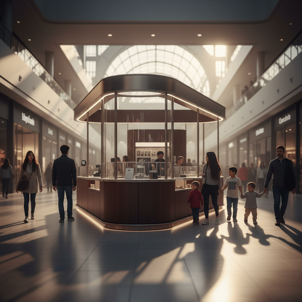 Ultra-modern ve şık bir AVM kioskunun sinematik bir geniş açılı çekimi. Kiosk, altın saatte batan güneşin sıcak, yumuşak ışıklarıyla aydınlanmış, yoğun ve hareketli bir alışveriş merkezinin merkezinde konumlanmış. Tasarımında cam, metal ve ahşabın zarif kombinasyonu kullanılmış, köşeleri yumuşatılmış ve minimalist bir estetiğe sahip. Kiosk, etrafındaki ortamla uyumlu ancak aynı zamanda dikkat çekici bir odak noktası oluşturuyor. Yüksek tavanlı AVM içinde, gün batımının uzun gölgeleri yere vururken, siluet halindeki farklı yaş ve etnik kökenlerden insanlar kioska doğru yöneliyor veya önünden geçiyor. Kioskun içinden yayılan yumuşak ve davetkar bir ambiyans aydınlatması var. Derinlikli alan, geniş diyafram, doğal ışık vurgusu, genel atmosfer sakin ve sofistike.