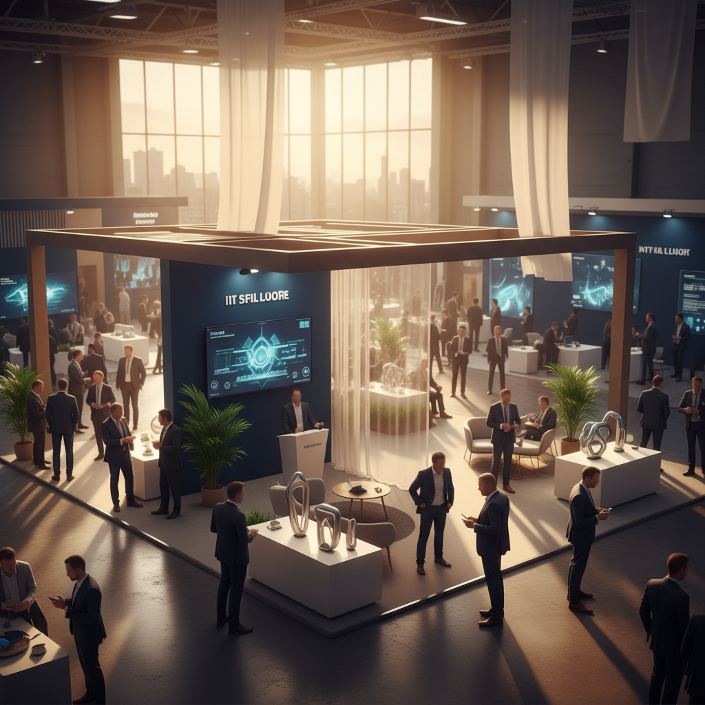 Geniş pencerelerden içeri süzülen batan güneşin altın rengi ışıklarıyla aydınlatılmış, canlı ve etkileşimli bir fuar standının üstten hafif açılı sinematik bir görüntüsü. Stand, açık ve davetkar bir tasarıma sahip, ziyaretçilerin rahatça gezebileceği farklı bölgeler içeriyor. İş kıyafetleri içindeki insanlar, yüzleri belli olmadan, standın farklı alanlarında profesyonel sohbetler ediyor veya sergilenen soyut ürünleri inceliyor. Dinamik bir enerji ve iş birliği atmosferi hakim. Standın genel görünümü, iyi düşünülmüş bir planlama ve başarılı bir uygulamanın sonucunu yansıtıyor. Başarılı ve ilham verici bir fuar ortamı hissi veren, atmosferik bir kare.