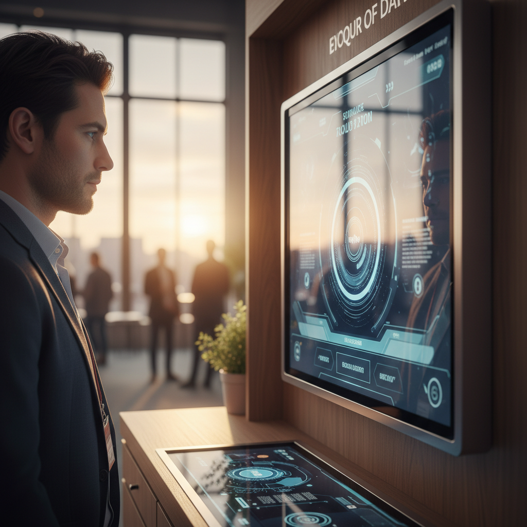 Yakın çekim, lüks ve etkileşimli bir kongre standının içindeki dijital entegrasyonu gösteren sinematik bir fotoğraf. Bir ziyaretçi, büyük, şeffaf bir dokunmatik ekranda ürün tanıtımını inceliyor. Ekranın canlı renkleri ve dinamik içeriği, ziyaretçinin yüzüne yansıyor. Stand, doğal ahşap dokuları ve metalik detaylarla minimalist ama sofistike bir estetiğe sahip. Gün batımının pencereden süzülen yumuşak ışığı, sahneyi sıcak ve davetkar bir atmosfere bürürken, hafif bokeh etkisiyle arka plandaki hareketli kongre ortamı flu bırakılmış, odak noktası ziyaretçi ve teknoloji üzerindeymiş gibi.