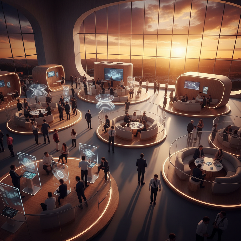 Batan güneşin altın rengi tonları altında, akıllıca tasarlanmış interaktif bir fuar standının hareketli enerjisini ve kusursuz akışını yakalayan yüksek açılı, sinematik bir çekim. Stant, farklı etkileşim türleri için birden fazla bölgeye sahip, net yollarla birbirine bağlanmış, güzelce inşa edilmiş bir etkinlik merkezidir. Ziyaretçiler, interaktif ekranlar, holografik gösterimler ve tartışma alanları arasında zahmetsizce hareket ederken görülüyor. Tüm stant, panoramik bir pencereden veya stilize bir çatı penceresinden görünen muhteşem bir gün batımının sıcak, zengin tonlarıyla harmanlanan atmosferik aydınlatma aracılığıyla marka renklerini ustaca bütünleştiriyor. Sahne, sıcak ambiyans aydınlatması ve batan güneşin dramatik turuncu-mor parıltısının bir karışımıyla aydınlatılıyor, ışık ve gölge arasında dinamik bir etkileşim yaratıyor. Tasarım, bağlantıyı ve sofistike bir ziyaretçi yolculuğunu vurguluyor, hiçbir metin veya sayı gösterilmeden etkili veri toplama ve akılda kalıcı bir marka bağlantısını sembolize ediyor. Stantın estetiği rafine, zarif ve davetkar olup, ziyaretçi psikolojisi hakkında derin bir anlayışa işaret ediyor.