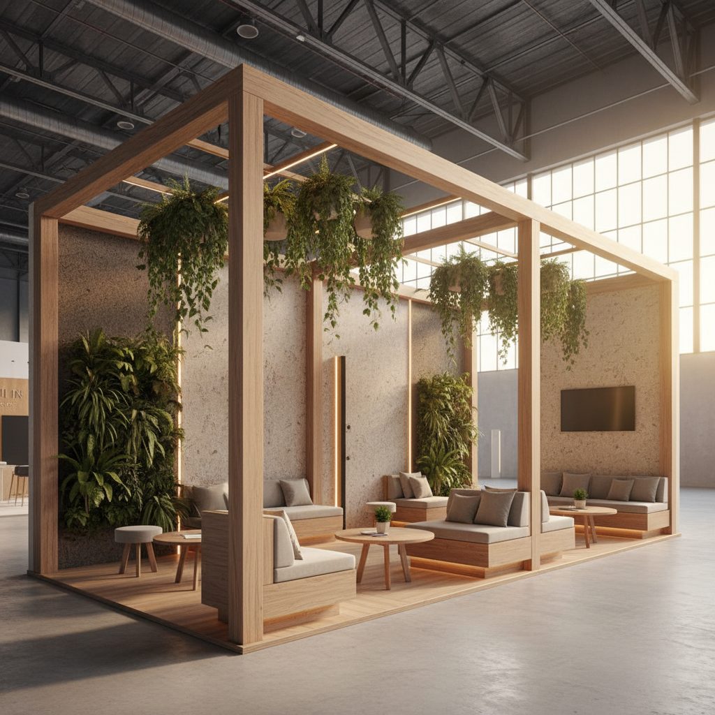 Sürdürülebilirlik ilkeleriyle tasarlanmış, doğal ve minimalist bir kongre standı. Cilalı ahşap, geri dönüştürülmüş kompozitler ve entegre edilmiş yeşillikler gibi çevre dostu malzemeler ön planda. Standın genel estetiği sakin, davetkar ve sade bir şıklığa sahip, kongre alanının yoğunluğuna tezat oluşturuyor. Doğal ışık, enerji verimli armatürlerle desteklenerek malzemelerin dokusunu ve temiz hatları vurguluyor. Arka planda modern bir sergi alanının flu mimari detayları görülüyor ve sinematik bir gün batımı parıltısı içeri süzülerek ileri görüşlü ve sorumlu bir marka imajı yaratıyor. Stand, sessiz tartışmalar veya düşünme için rahat, açık alanlar sunuyor, gelecek odaklı değerleri vurguluyor, herhangi bir marka veya yazı görünmüyor.