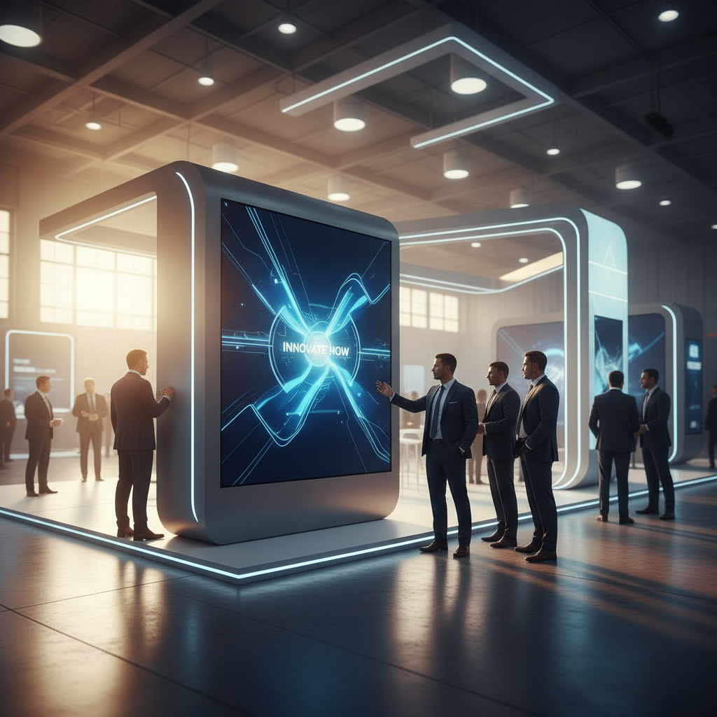 Geniş bir fuar salonunda, gün batımının altın rengi, sinematik ışık huzmeleriyle aydınlanmış, dinamik bir interaktif stand. Standın ön planında, zarif bir şekilde entegre edilmiş, büyük, dokunmatik bir dijital ekran yer alıyor. Ekranın üzerinde soyut grafikler ve akıcı animasyonlar dönüyor, ziyaretçileri etkileşime davet ediyor. Birkaç profesyonel görünümlü ziyaretçi, ekranla etkileşim halindeyken, diğerleri standın modern ve akıcı hatlarını inceliyor. Kompozisyon, hareket ve teknolojinin uyumunu vurguluyor. Ortam, teknolojik ve resmi bir atmosfer taşıyor.