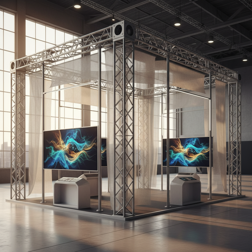 Modern ve zarif bir fuar standı, geri dönüştürülmüş ahşap ve bambu gibi doğal, sürdürülebilir malzemelerden yapılmış. Stand, sinematik bir gün batımının altın rengi ışıklarıyla yıkanmış, arka planda belirgin siluetler ve yumuşak geçişler var. Minimalist tasarımı, entegre yeşil bitkiler ve enerji verimli, sıcak tonlu LED aydınlatmalarla vurgulanmış. Mekan, sakin, sofistike ve çevreye duyarlı bir atmosfer sunuyor, geleceğe yönelik bir markanın güçlü duruşunu yansıtıyor. Hiçbir yazı veya logo içermiyor.