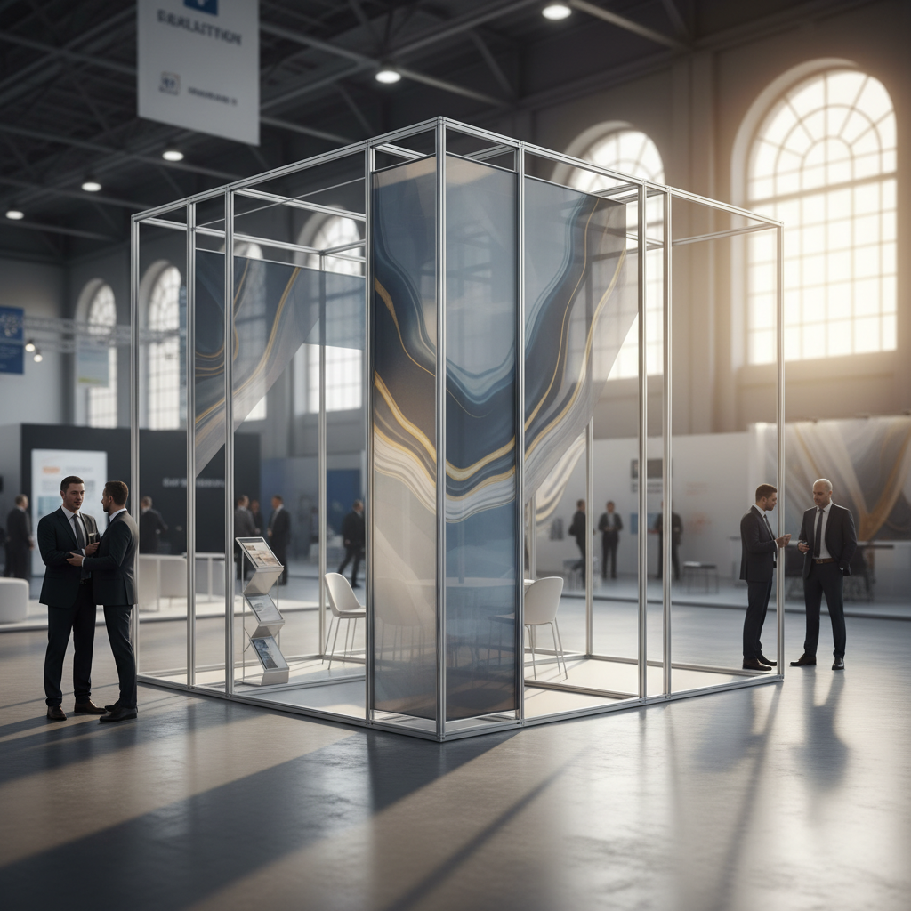 A modern, minimalist exhibition stand designed with lightweight, sleek aluminum profiles and high-quality tension fabric graphics featuring abstract patterns. The stand is elegantly positioned in a vast, well-lit convention hall, with a few subtly interacting silhouettes of business professionals. The background displays blurred, distant exhibition elements, adding depth. A warm, golden cinematic sunset light streams through large architectural openings, casting long, soft shadows and highlighting the stand's refined and professional design. The atmosphere is formal, inviting, and conveys a sense of smart, effective investment.
