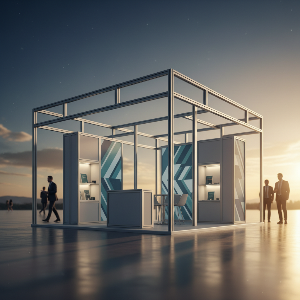 Geniş bir fuar salonunda, gün batımının yumuşak, sıcak ve altın rengi ışıklarıyla aydınlatılmış, minimalist ve modern bir fuar standı. Stand, zarif alüminyum profiller ve kolayca değiştirilebilir, yüksek çözünürlüklü kumaş grafik panellerle inşa edilmiş, modüler yapısını vurguluyor. Temiz çizgileri, davetkar bir karşılama alanı ve iki adet vurgulu LED aydınlatmalı ürün sergileme nişi içeriyor. Uzaktan, siluetler halinde hareket eden iş insanları standa doğru ilerliyor, genel atmosfer hem profesyonel hem de erişilebilir. Sinematik derinlik ve hafif bir odak bulanıklığı, standı sahnenin merkezi haline getiriyor.