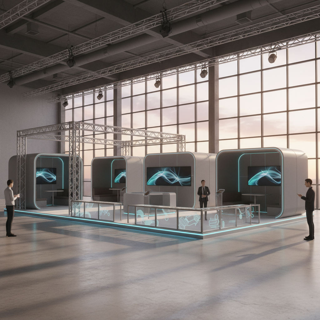 Geniş bir etkinlik alanında, stand sisteminin esnekliğini ve kurulum kolaylığını vurgulayan dinamik bir sahne. Alüminyum profillerin ve bağlantı elemanlarının temiz, düzenli hatları öne çıkarken, standın farklı modüllerinin bir araya getirilişini sezdiriyor (doğrudan montaj eylemi veya aletler olmadan). Büyük pencerelerden içeri süzülen dramatik, sinematik gün batımı ışığı, modüler bileşenler üzerinde sıcak yansımalar oluşturuyor. Sahne, verimlilik, yenilikçi tasarım ve sorunsuz entegrasyon hissi veriyor, aynı zamanda estetik bir uyum sağlıyor.