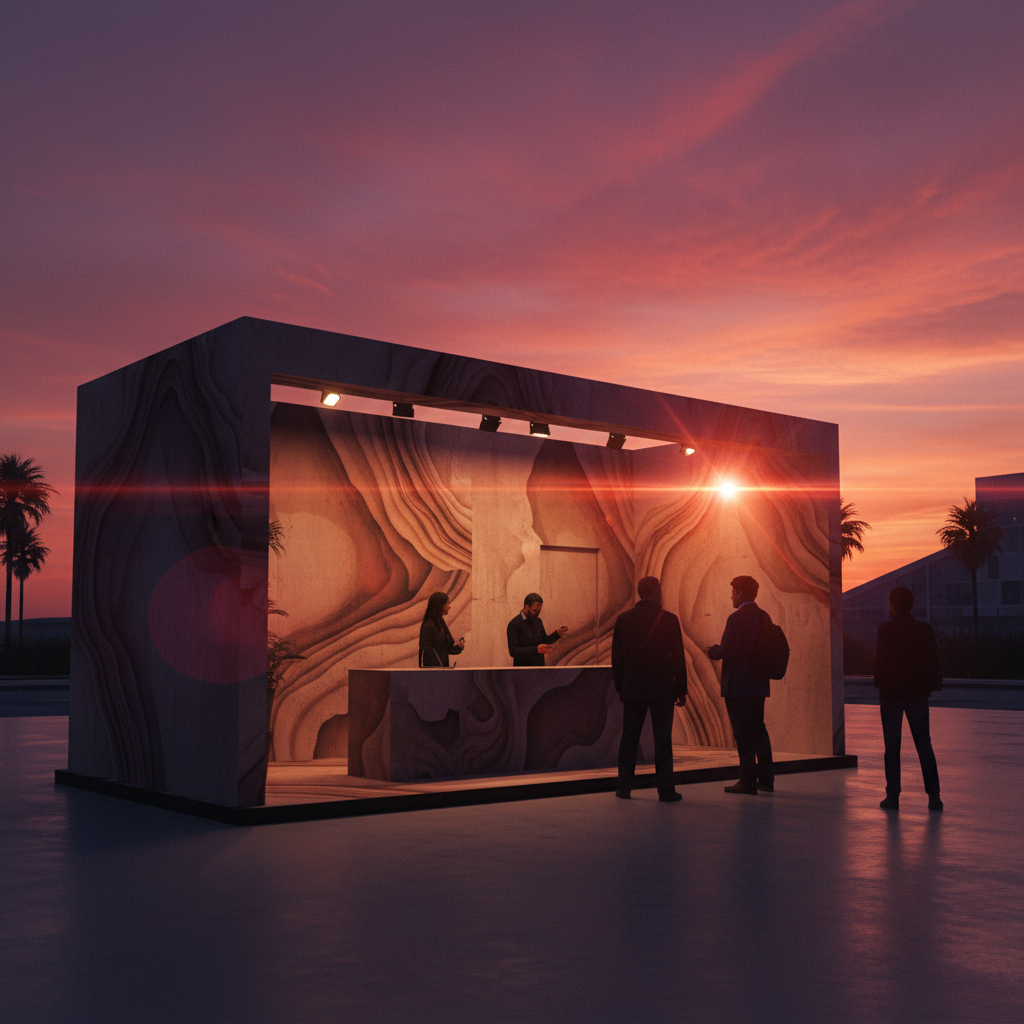 Gün batımının büyüleyici kızıl ve mor renklerinin yansıdığı bir ortamda, işletmenin kimliğini yansıtan, minimalist ve estetik bir taşınabilir fuar standı. Standın yüzeylerinde soyut, canlı ve ilgi çekici desenler (metinsiz, logosuz) yer alıyor, bu desenler standa derinlik ve karakter katıyor. Standın önünde, loş ışıkta siluet halinde görünen birkaç figür, standın çekim gücünü ve potansiyel müşteri etkileşimini sembolize ediyor. Sahne, sıcak ve davetkar bir atmosfer sunarken, güneşin batışıyla oluşan atmosferik parlamalar ve kontrastlar, standın marka bilinirliği yaratma gücünü sinematik bir dille ifade ediyor. Hiçbir yazı, logo, sayı veya şirket bilgisi içermiyor.