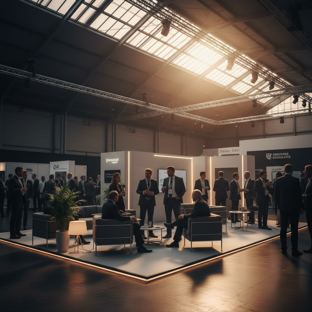 Sinematik bir geniş açı çekimde, gün batımının sıcak, zengin tonlarının büyük bir pencereden veya çatı ışıklığından süzülerek aydınlattığı zarif bir kongre standı. Standın merkezi, ziyaretçileri etkileşime davet eden, ilgi çekici bir bölgeye odaklanıyor. Profesyonel görünümlü, farklı yaş ve tipte siluet halindeki katılımcılar, stand içinde canlı sohbetler ediyor veya bir sunumu izliyor. Stand, minimalist ve konforlu oturma alanları ile stratejik yerleştirilmiş yumuşak aydınlatmalar içeriyor. Hiçbir ekran veya yüzeyde yazı, logo veya sayı görünmüyor. Arka planda, diğer standların belirsiz hatları, yoğun bir kongre ortamını ima ederken, ana standın davetkar atmosferi öne çıkıyor.