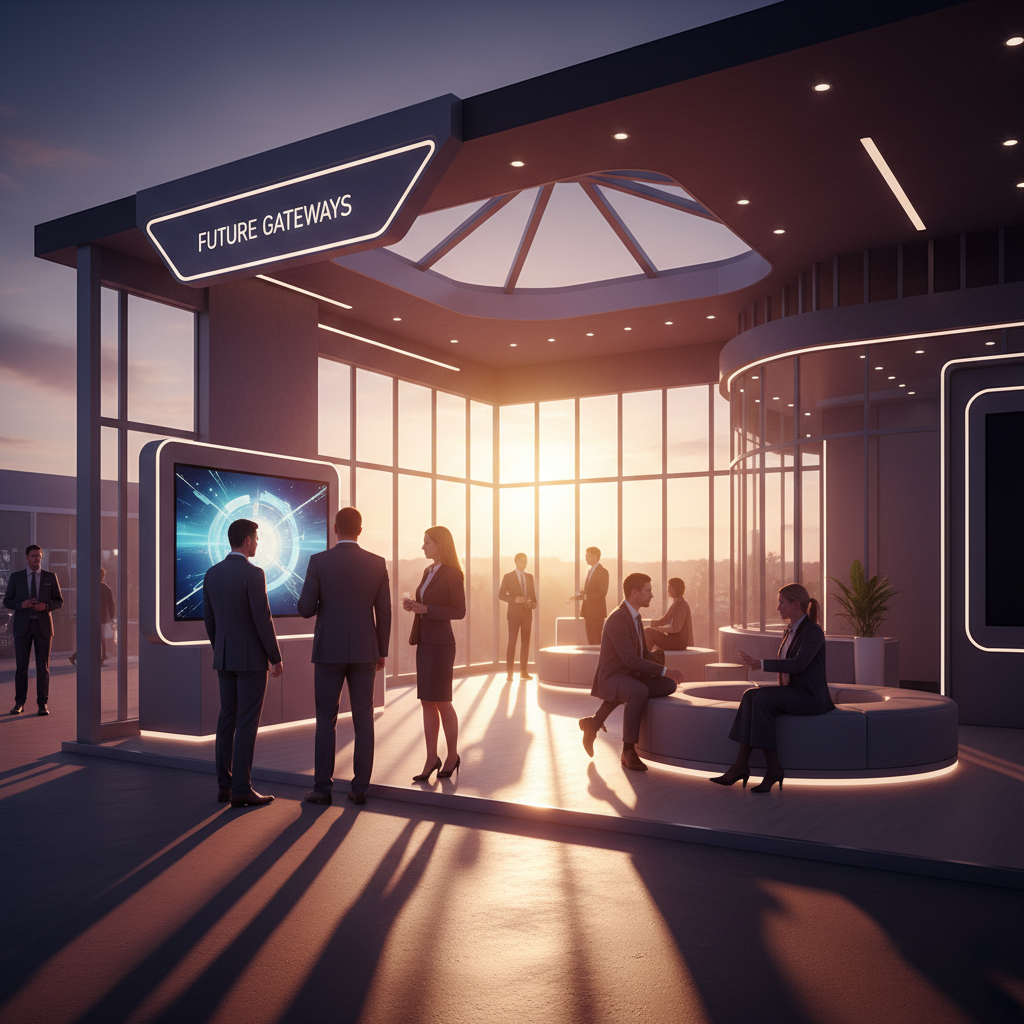 Büyülü saatlerde (magic hour) yakalanmış, interaktif ve davetkar bir fuar standı. Stand, açık alanlar veya katmanlı elemanlarla ziyaretçi akışını teşvik eden benzersiz, çekici bir mimari forma sahip. Batan güneşin yumuşak, davetkar ışığı, büyük pencerelerden veya bir ışıklıktan süzülerek standın ve çevredeki zeminde uzun gölgeler ve vurgular oluşturuyor. Birkaç şık giyimli ziyaretçi, standın özellikleriyle doğal pozlarda, hafifçe etkileşim kurarken görülüyor (yüzleri net olmaksızın bir ekrana bakarken veya rahat bir oturma alanında sohbet ederken), bağlantı ve ilgi hissi iletiyor. Genel sahne sıcak, dinamik ve ziyaretçi çekmeye odaklanmış.