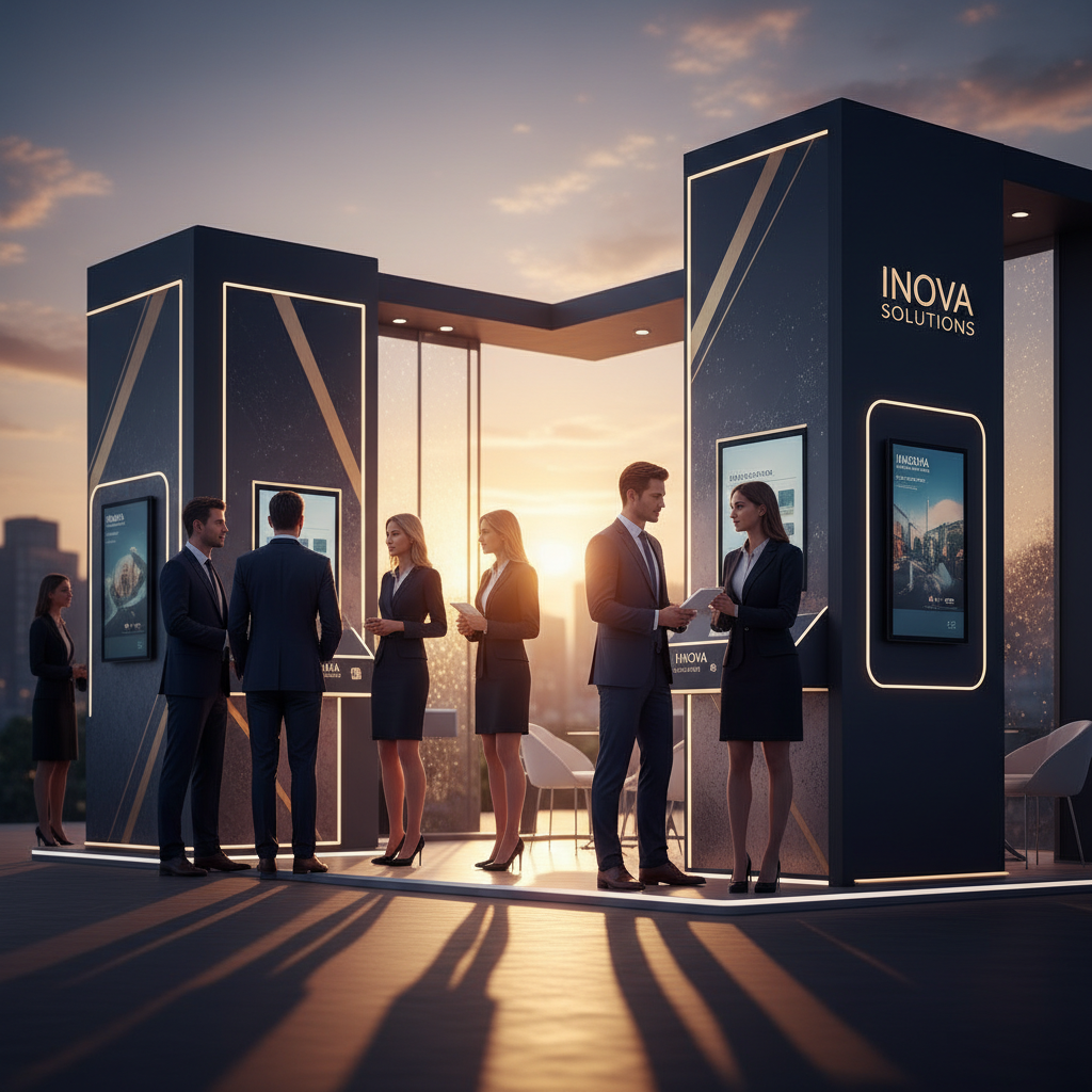 Güneşin batışının yarattığı sıcak, altın rengi ışıkların aydınlattığı, son derece modern ve interaktif bir modüler fuar standının önünde birkaç şık giyimli ziyaretçi standın dijital ekranları ve sergilenen ürünlerle etkileşim halinde. Standın özelleştirilebilir panelleri üzerinde zarif bir marka grafiği dikkat çekiyor. Işıklar, standın yenilikçi dokusunu ve ziyaretçilerin yüzlerindeki merak ifadesini yumuşakça vurguluyor. Arkadan gelen gün batımı ışığı, siluetler ve standın genel ambiyansına sinematik bir derinlik katıyor. İnsanların yüzleri net, ancak genel çerçeve, etkileşimin akışkanlığını ve standın çekiciliğini öne çıkarıyor.