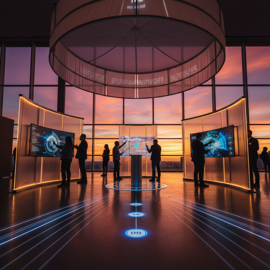 A dynamic, interactive exhibition stand at a professional event, illuminated by the rich, dramatic hues of a cinematic sunset. Visitors are captivated by the stand's innovative elements, engaging with its unique design. The stand incorporates translucent materials and ambient lighting that complement the sunset glow, creating an inviting and inspiring atmosphere. Silhouettes of people are seen interacting within its boundaries, experiencing the brand in an unforgettable way. The scene is shot from a low angle, emphasizing the stand's commanding presence and artistic flair.