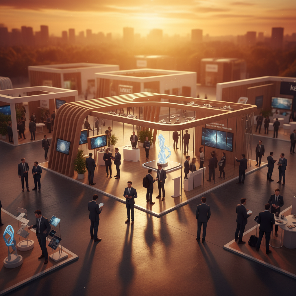 Yukarıdan hafif eğimli, geniş açılı, sinematik bir perspektiften çekilmiş, gün batımı kızıllığının fuar alanına yansıdığı etkileyici bir görüntü. Merkezde, diğer standlardan belirgin şekilde ayrılan, yenilikçi ve davetkar tasarıma sahip bir premium stand yer alıyor. Standın açık ve akışkan yapısı, ziyaretçileri içeriye doğru yönlendiriyor. Standın çevresinde ve içinde, zarif giyimli ziyaretçilerin dinamik hareketleri, etkileşimi ve merakı vurgulanıyor. Uzun gölgeler ve altın rengi ışıklar, sahneye derinlik ve dramatik bir etki katıyor.