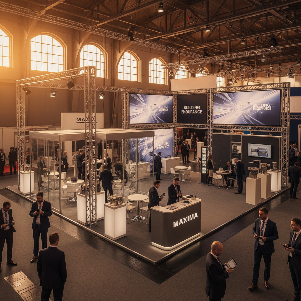 A wide, epic cinematic shot showcasing a grand maxima exhibition stand from a slightly elevated perspective, as the sun sets, bathing the entire exhibition hall in a rich, amber glow. The stand itself is a testament to durability and sophisticated modular design, featuring multiple interconnected sections creating distinct zones (e.g., meeting area, product display, reception). The robust aluminum structure is visible yet elegantly integrated, conveying a sense of long-term investment. The atmosphere is bustling yet refined, with professional visitors subtly visible in the background, interacting or observing, emphasizing the stand's role as a powerful, lasting brand platform.