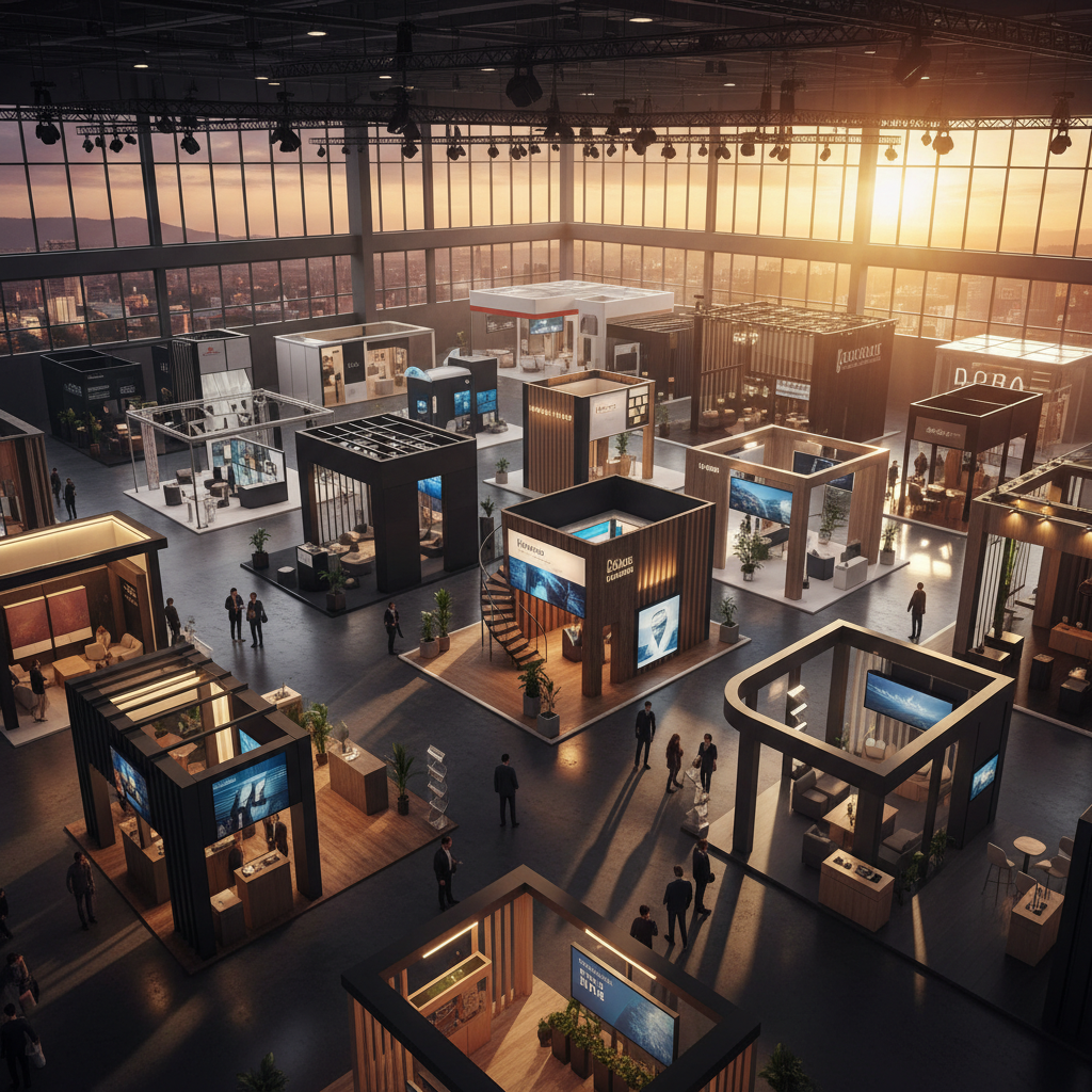 Geniş ve modern bir fuar salonunun kuşbakışı, sinematik bir gün batımı görünümü. Salon, farklı boyutlarda ve tasarımlarda, zarifçe aydınlatılmış çeşitli fuar standları ile dolu. Batmakta olan güneşin altın rengi ışıkları büyük pencerelerden içeri süzülerek standların üzerine uzun gölgeler düşürüyor, dinamik ve sofistike bir atmosfer yaratıyor. Farklı materyaller ve mimari stiller barındıran standlar, çeşitliliği ve potansiyel yatırım farklılıklarını zarifçe ima ediyor. Görselde yazı, rakam, ücret veya marka logosu bulunmuyor, sadece genel ambiyans ve stand çeşitliliği vurgulanıyor.