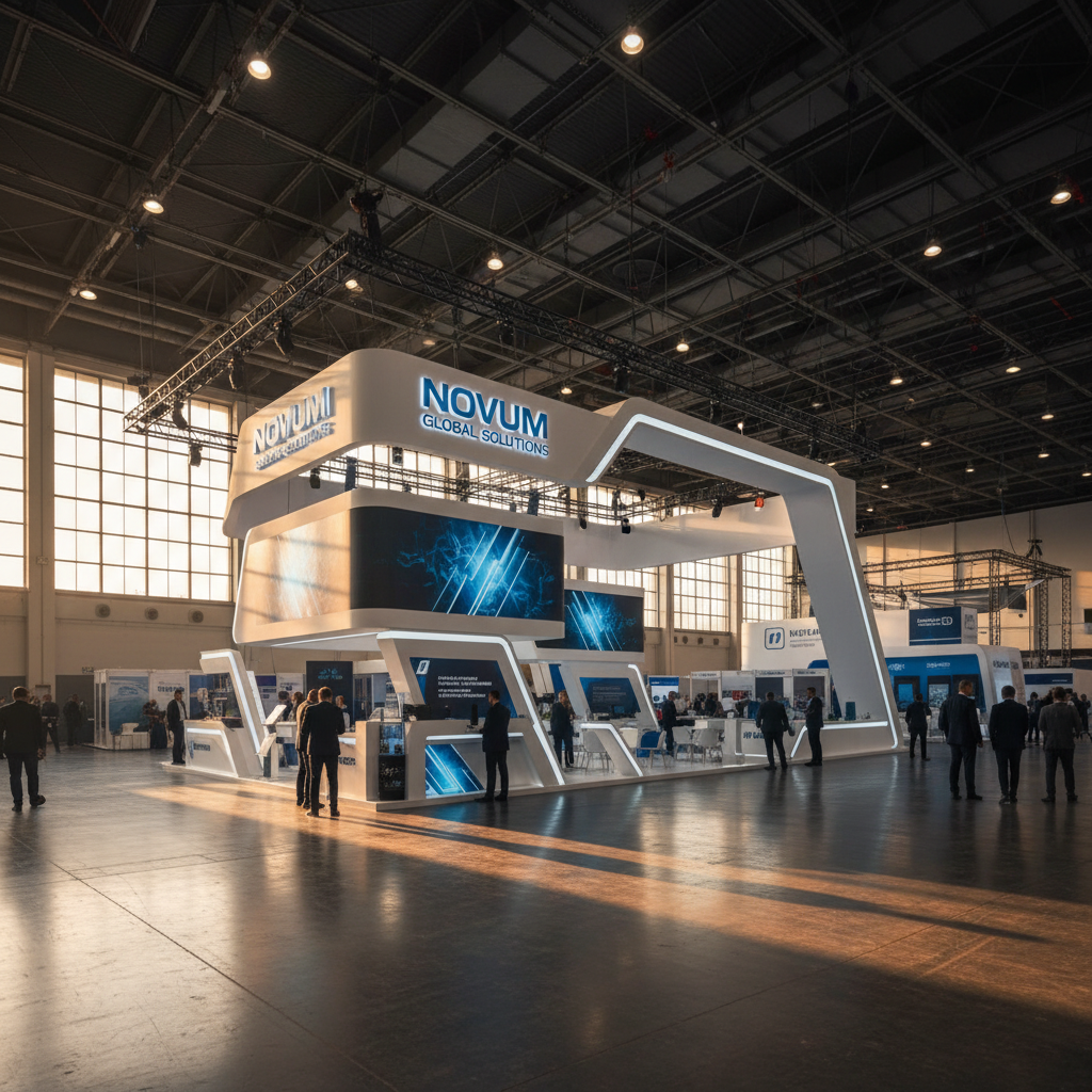 Yüksek tavanlı ve geniş bir kongre merkezinin fuar holünde, gün batımının yumuşak, uzun gölgelerle dolu altın ışıkları altında uzanan, profesyonelce monte edilmiş, büyük ölçekli ve kurumsal bir fuar standı. Standın mimarisi, güçlü bir marka varlığını yansıtan temiz çizgiler ve dinamik formlarla öne çıkıyor. Çevreleyen fuar alanının genel silueti, standın merkezi önemini ve göz alıcı konumunu sinematik bir kompozisyonla vurguluyor. Uzaktan bile standın etkisi hissediliyor.