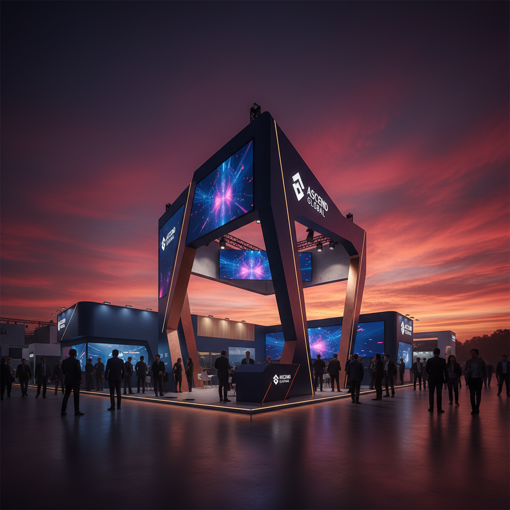Batan güneşin kızıl ve mor tonlarında aydınlattığı büyük bir fuar alanında, dikkat çekici ve etkileyici bir kurumsal fuar standının panoramik görüntüsü. Stand, fuar kalabalığının (uzaktan siluetler halinde) ilgisini çeken, yüksek tavanlı, ferah ve modern bir yapıda. Standın tasarımı, markanın gücünü ve profesyonelliğini yansıtan özgün bir renk paleti ve formlarla öne çıkıyor. Çevreye yayılan sıcak bir ışık ve standın yarattığı güçlü algı, sinematik bir kompozisyonla vurgulanıyor.