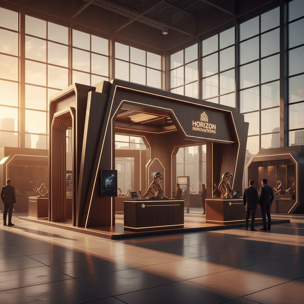 Geniş ve modern bir fuar alanında, altın saat ışığının pencereden dramatik bir şekilde süzüldüğü, lüks ahşap ve parlak metal detaylara sahip, sofistike ve özgün tasarımlı bir fuar standı. Standın iç ve dış aydınlatmaları, gün batımının sıcak tonlarıyla harmanlanarak büyülü bir atmosfer yaratıyor. Standın genel görünümü, markanın yenilikçi ruhunu ve profesyonelliğini vurgulayan, akılda kalıcı ve sinematik bir estetiğe sahip. Detaylarda minimalizm ve işlevsellik ön planda.