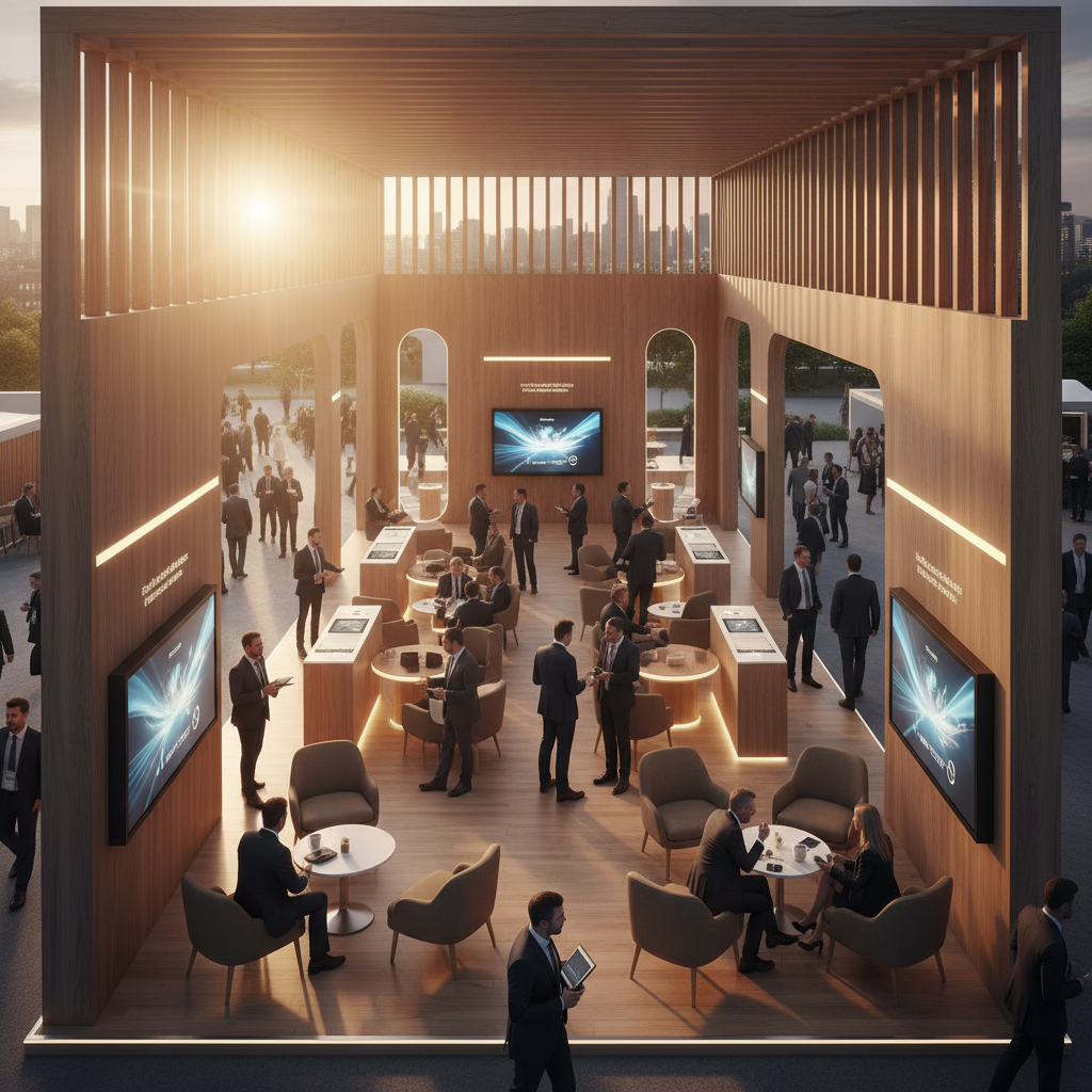 Modern ve işlevsel bir ahşap fuar standının içindeki dinamik, sinematik bir sahne. Stand, interaktif ekranlar ve rahat oturma alanlarıyla donatılmış. Gün batımının stand yapısından süzülen sıcak, ortam ışığında, iş profesyonellerinin silüetleri stand içinde sohbet ederken ve ürünleri incelerken görülüyor. Ziyaretçi akışını ve etkileşimi vurgulayan, davetkar ve sofistike bir atmosferi yansıtan stratejik bir bakış açısı.