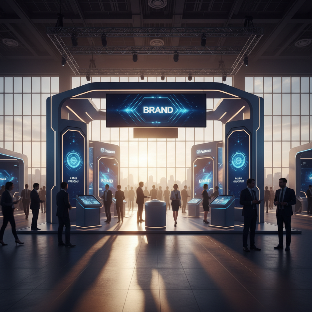 Büyük, hareketli bir kongre salonunda, pencerelerden süzülen batan güneşin sıcak, altın rengi ışıklarıyla aydınlatılmış, yüksek teknolojiye sahip, fütüristik bir fuar standı. Gün batımının dramatik ışığı ve gölgeleri, standın modern, minimalist tasarımını vurguluyor. Etkileşimli dijital ekranlarda dinamik, soyut marka görselleri (yazısız) dönüyor ve standın davetkar, açık düzeni dikkat çekiyor. Zarif giyimli profesyonellerin siluetleri, standla sinematik, ağır çekim bir havada etkileşim halinde. Renk ve form aracılığıyla marka kimliğine güçlü bir vurgu yapan, sofistike, yenilikçi ve ilgi çekici bir etkileşim atmosferi.