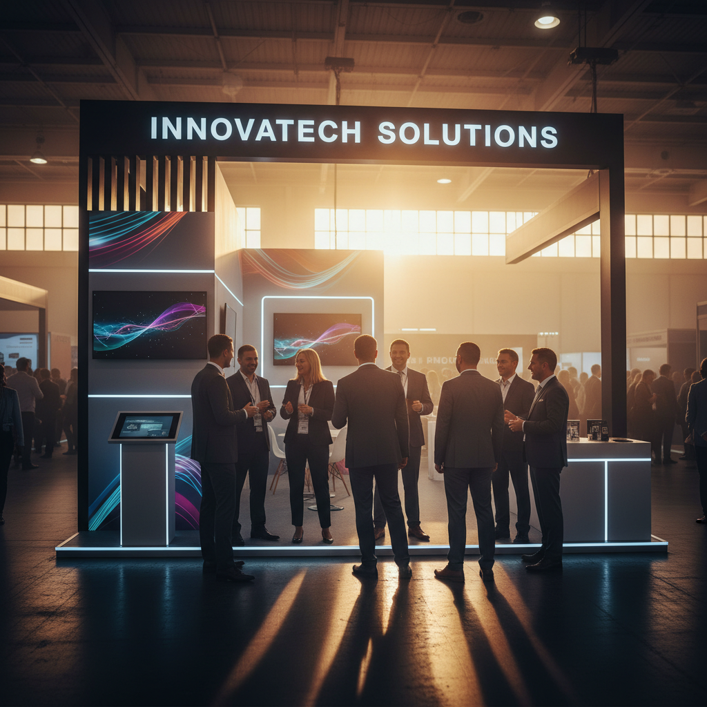 Geniş bir fuar alanının henüz tamamlanmak üzere olan veya hızlıca kurulmuş, gün batımının belirgin gölgeler ve yumuşak ışık oyunlarıyla aydınlattığı bir köşesi. Merkezi bir konumda, kolay monte edilebilir, hafif yapı elemanlarından oluşmuş, akıllıca tasarlanmış bir fuar standı duruyor. Standın temel iskeleti görünürde, ancak üzerine yerleşen kumaş paneller ve grafikler standa profesyonel bir hava katıyor. Birkaç iş insanı, ellerinde hafif panellerle son rötuşları yaparken veya standın rahatça taşınabilir modüler parçalarını düzenlerken görülüyor. Ortam, verimlilik ve pratikliğin estetikle buluştuğu, sinematik, ilham verici bir sahne sunuyor.