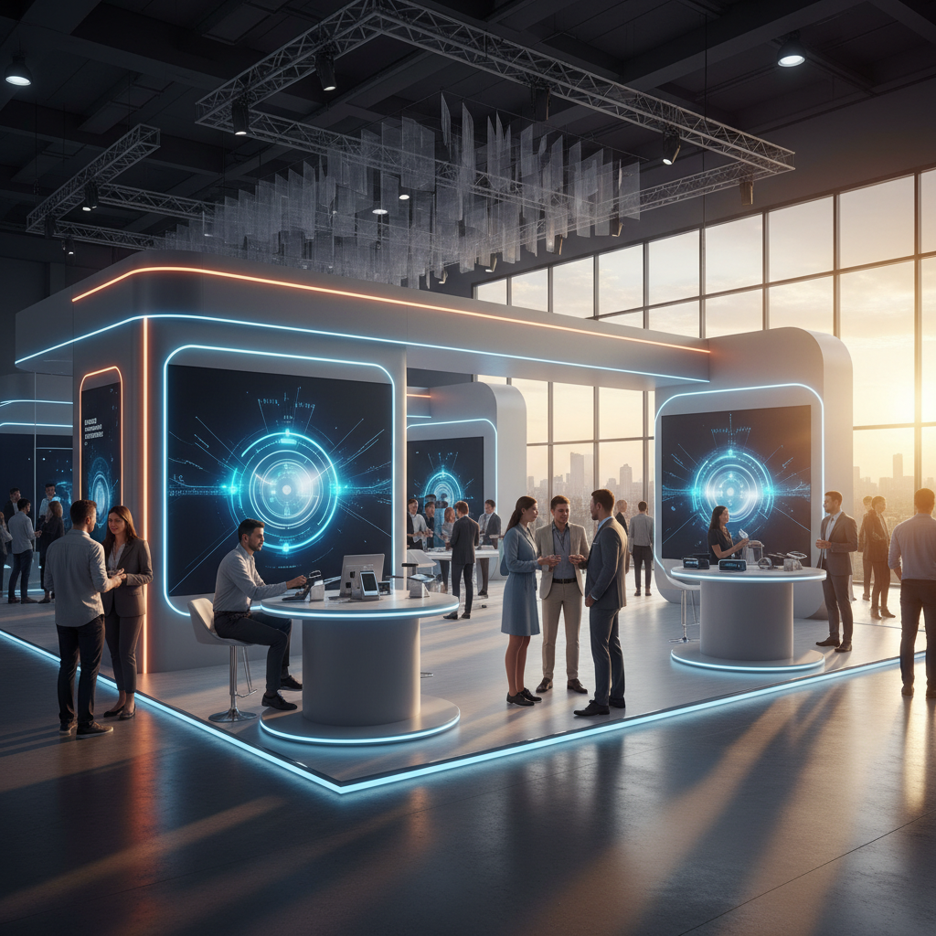 Canlı bir fuar ortamında, ziyaretçilerin ilgisini çeken, dinamik ve interaktif bir fuar standı. Standın iç tasarımı, modern çizgileri ve teknolojik entegrasyonları (ekranlar ve özel aydınlatmalar) ile dikkat çekiyor. Gün batımının dışarıdan içeriye yansıyan sıcak tonları, standın davetkar atmosferini pekiştiriyor. Ziyaretçiler, stand içindeki çeşitli aktivite noktalarında markanın temsilcileriyle samimi sohbetler ediyor veya sergilenen ürünleri deneyimliyor. Genel kompozisyon, akışkanlık ve ziyaretçi deneyimine odaklanmış, sofistike ve çağdaş bir görünüm sunuyor, herhangi bir yazı veya logo içermiyor.