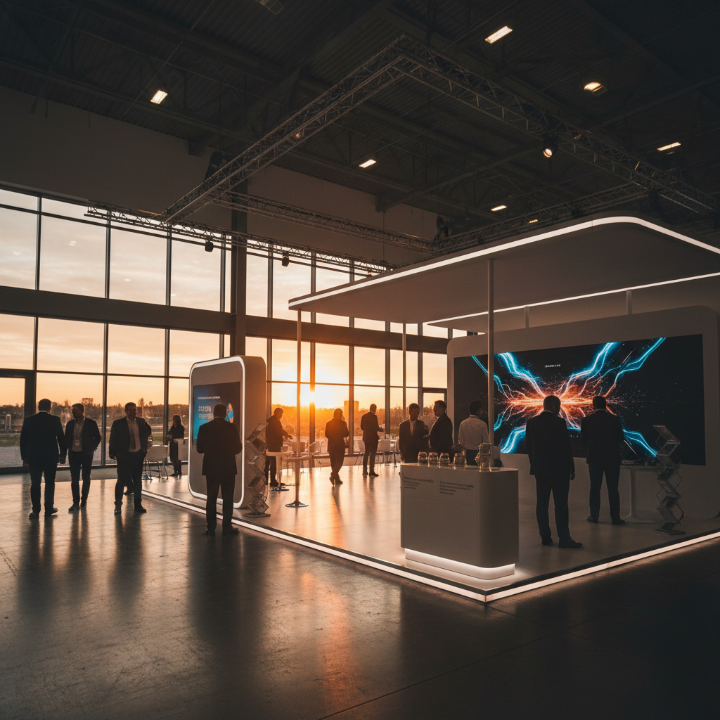 Geniş bir fuar alanında, gün batımının altın rengi ışıklarıyla yıkanmış, modern ve zarif bir fuar standı. Standın etrafında, siluetleri görünen ziyaretçiler standın farklı bölümleriyle etkileşim halinde, ancak yüzleri veya belirgin detayları belli değil. Standın kendisi, yumuşak entegre aydınlatmalarla vurgulanmış, sade ve estetik bir tasarıma sahip. Arka planda, büyük pencerelerden içeri süzülen dramatik bir gün batımı manzarası, ortama sıcak ve davetkar bir atmosfer katıyor. Genel görünüm, yenilikçilik ve profesyonellik hissi veren, sinematik geniş açılı bir çekim.