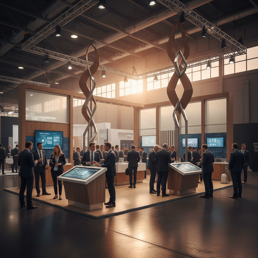 Geniş bir fuar salonunun içinde yer alan, mimari açıdan çarpıcı, modern ve şık bir fuar standı. Stand, yüksek tavanlı bir ortamda, gün batımının yumuşak, altın sarısı ve portakal tonlarındaki ışıklarıyla aydınlanmış. Sinematik bir çekimde, standın etrafında etkileşim halinde olan, zarif giyimli profesyonellerden oluşan kalabalık bir ziyaretçi grubu var. Standın genel tasarımı, temiz çizgiler ve yüksek kaliteli malzemelerle (örneğin cilalı ahşap, paslanmaz çelik) öne çıkıyor, ancak üzerinde görünür bir logo veya yazı bulunmuyor. Arka planda, bulanıklaşmış diğer standlar, ana standın ihtişamını vurguluyor. Atmosfer, profesyonel ama aynı zamanda davetkar ve enerjik.